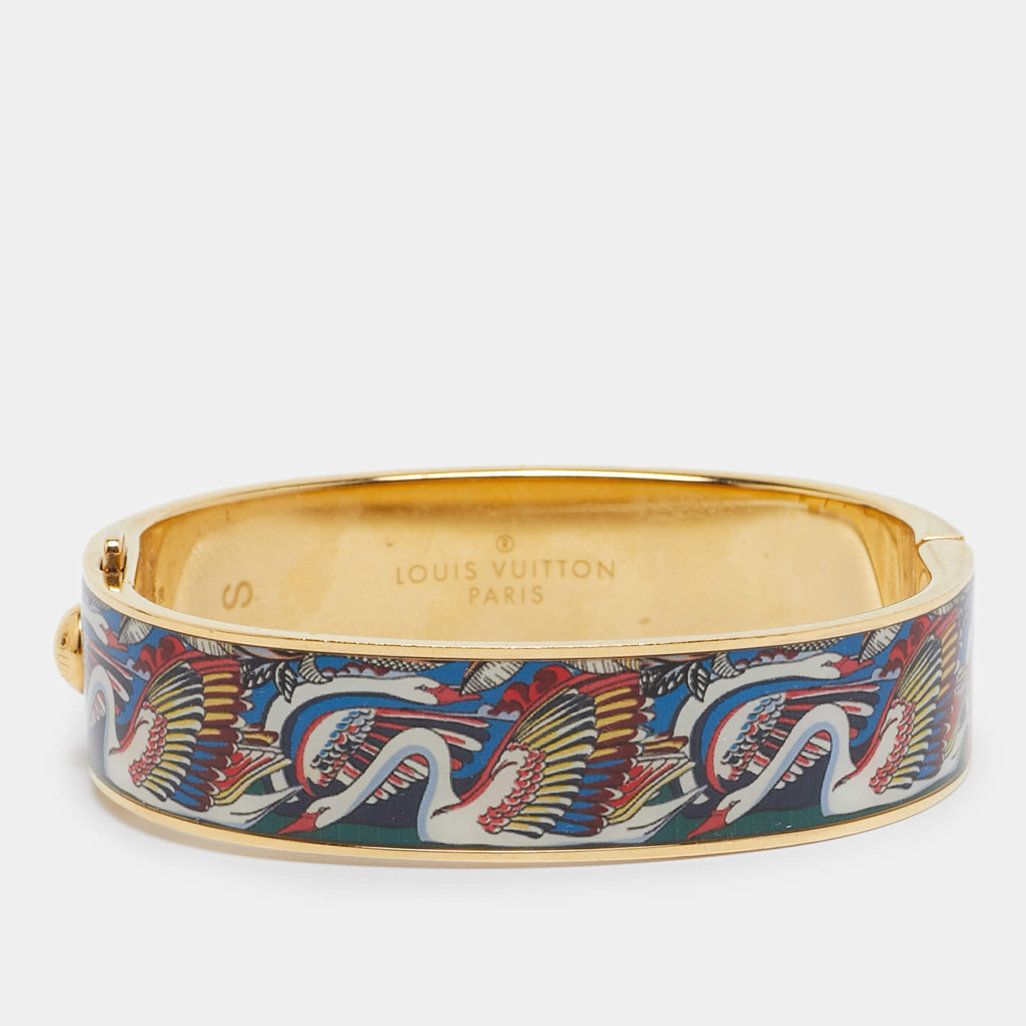 Pre Owned Louis Vuitton LV Hinge Enamel Gold Tone Bangle Bracelet S