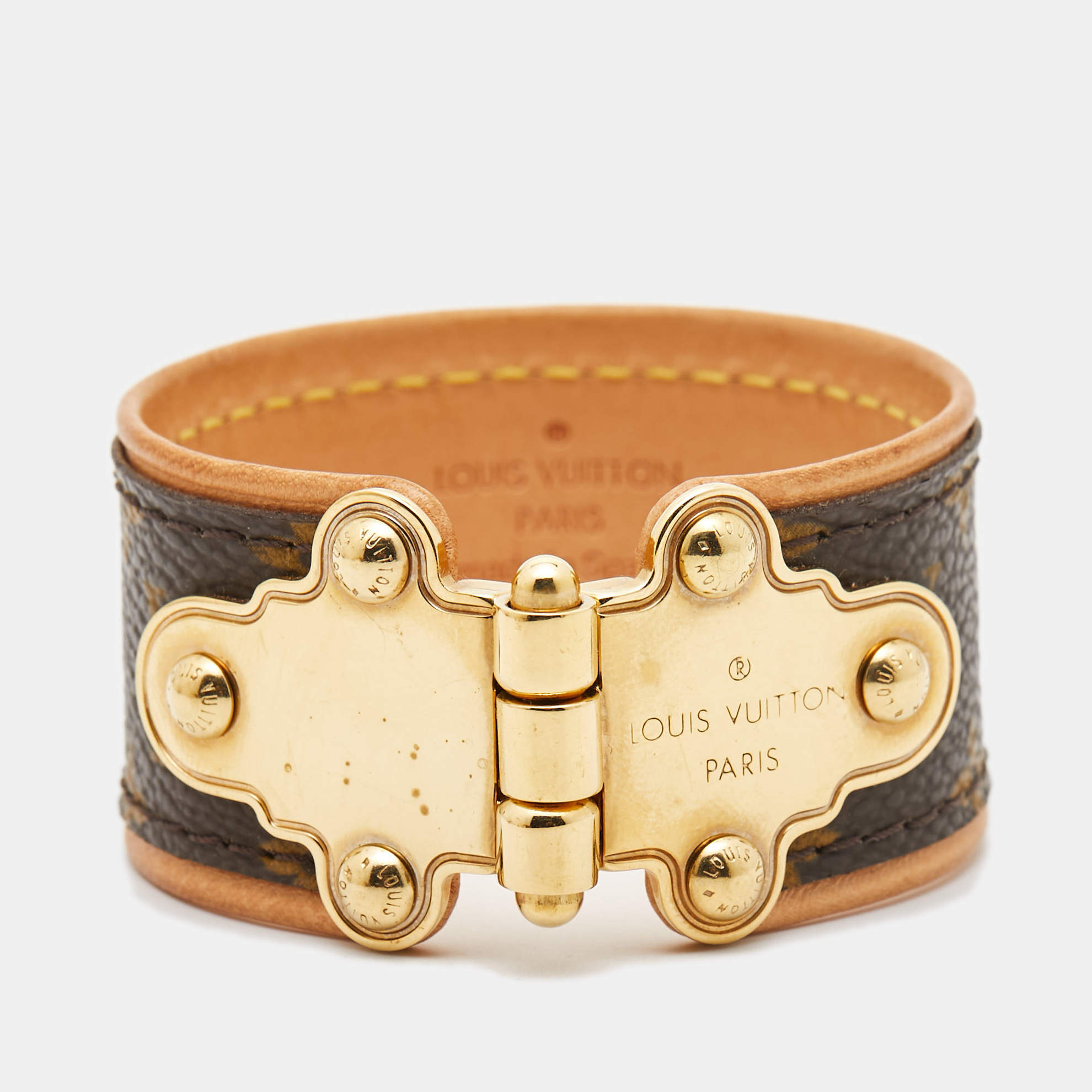 Pre Owned Louis Vuitton Gold Tone Save It Brown Monogram Canvas Wide Cuff Bracelet 17