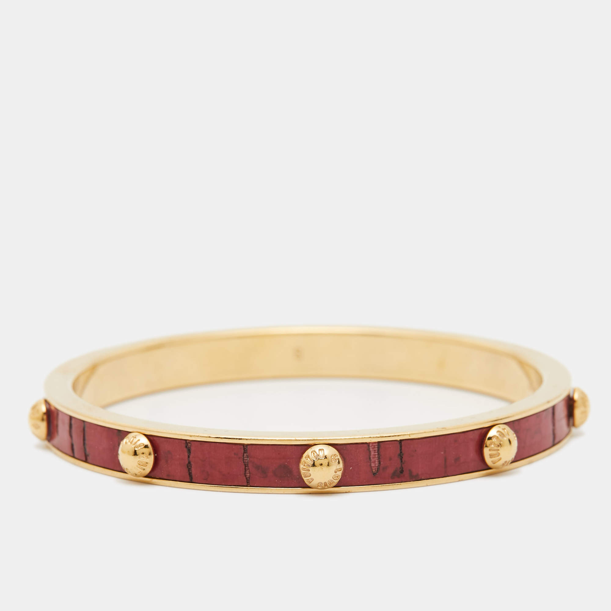 Pre Owned Louis Vuitton Gimme A Clue Red Leather Inlay Gold Tone Bangle Bracelet S