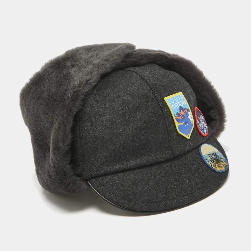 Louis Vuitton Grey Shearling Trim Wool Alps Trapper Hat Size 60