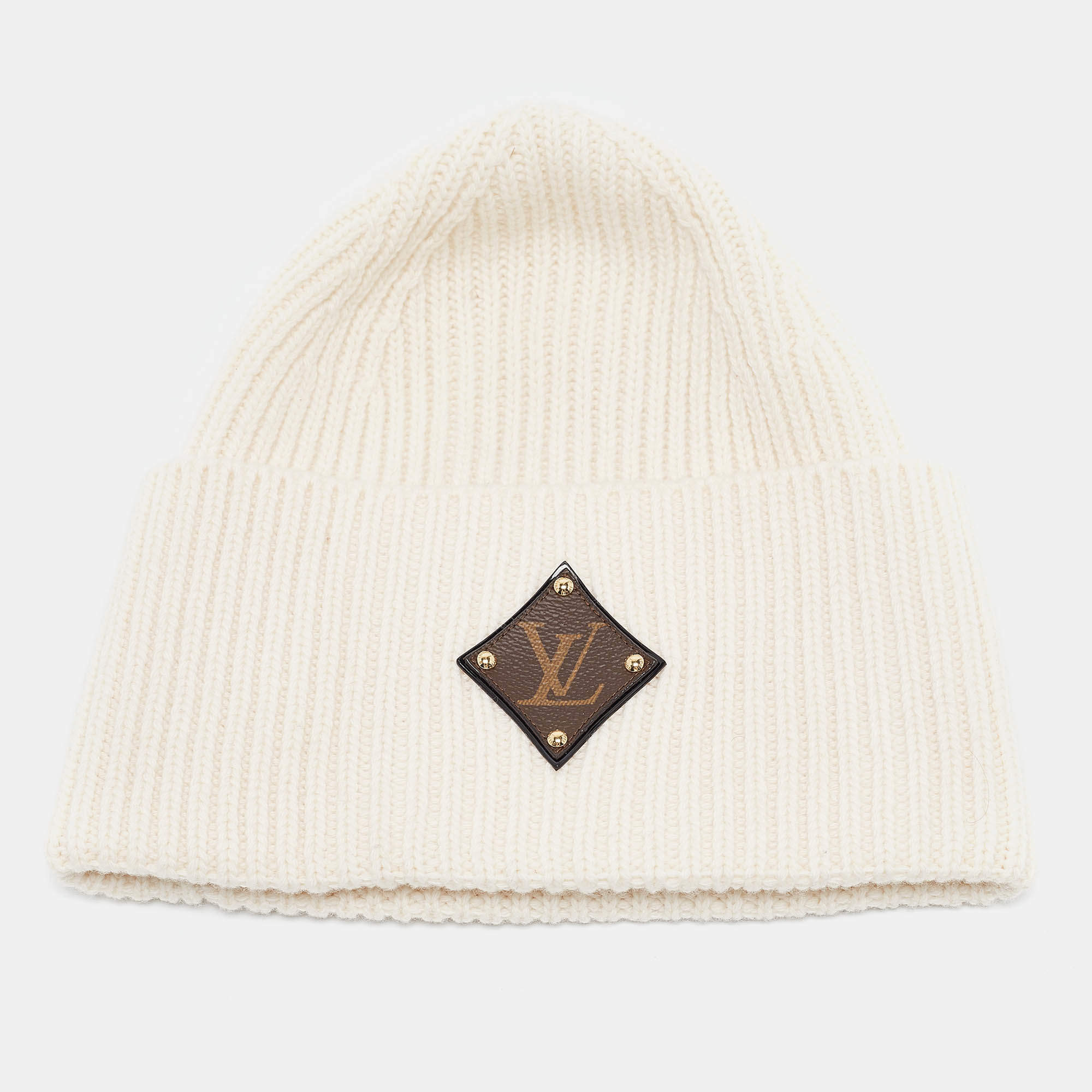 Louis Vuitton Off White Leather LV Applique Rib Knit Beanie