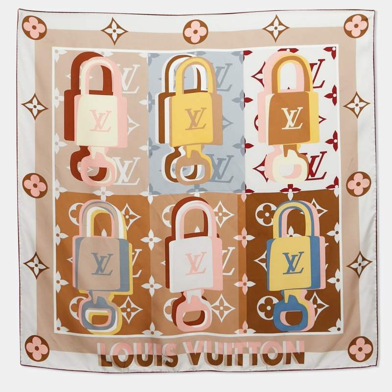 Pre Owned Louis Vuitton Beige Printed Silk LV Unlocked Square Scarf