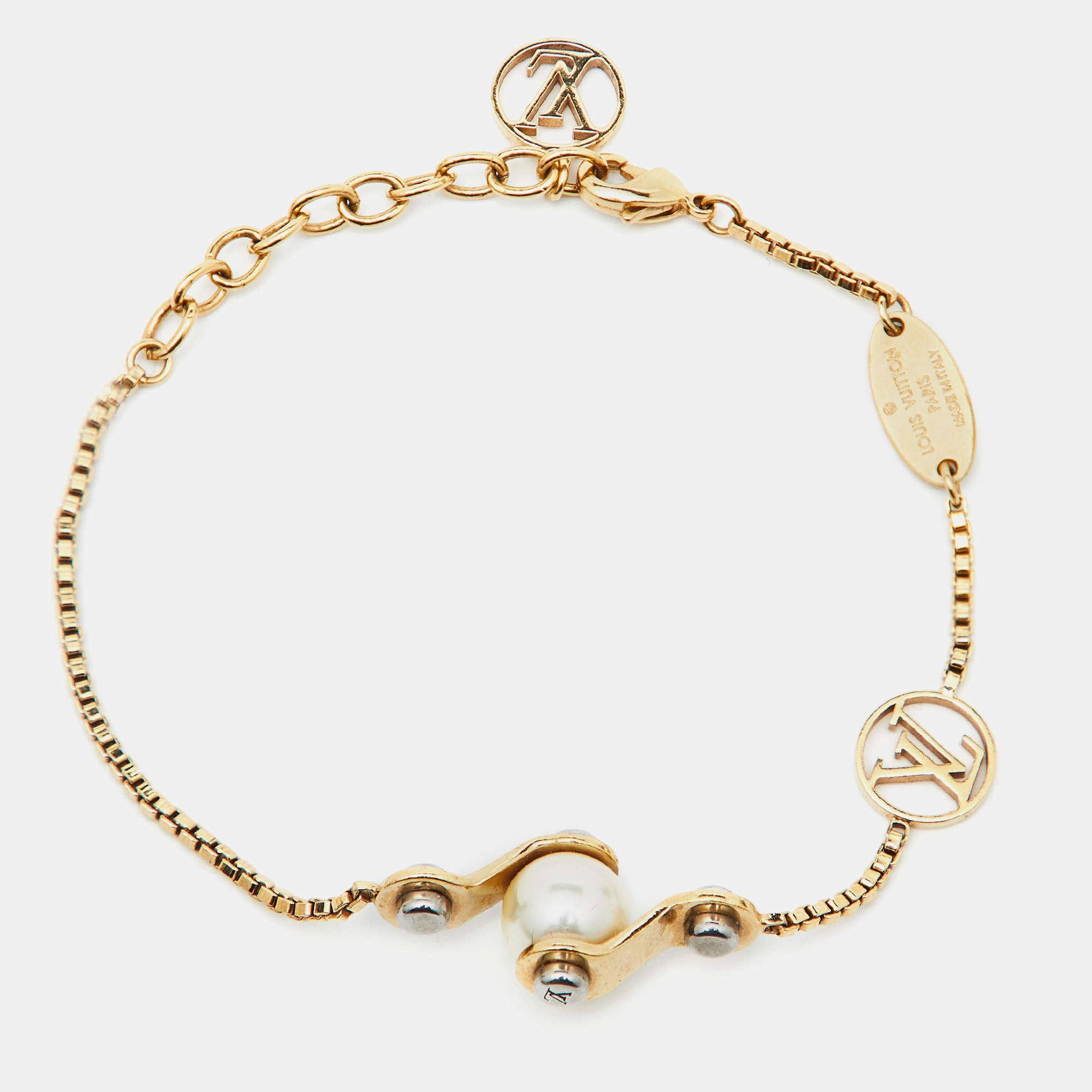 Pre Owned Louis Vuitton Speedy Faux Pearl Two Tone Gold Bracelet