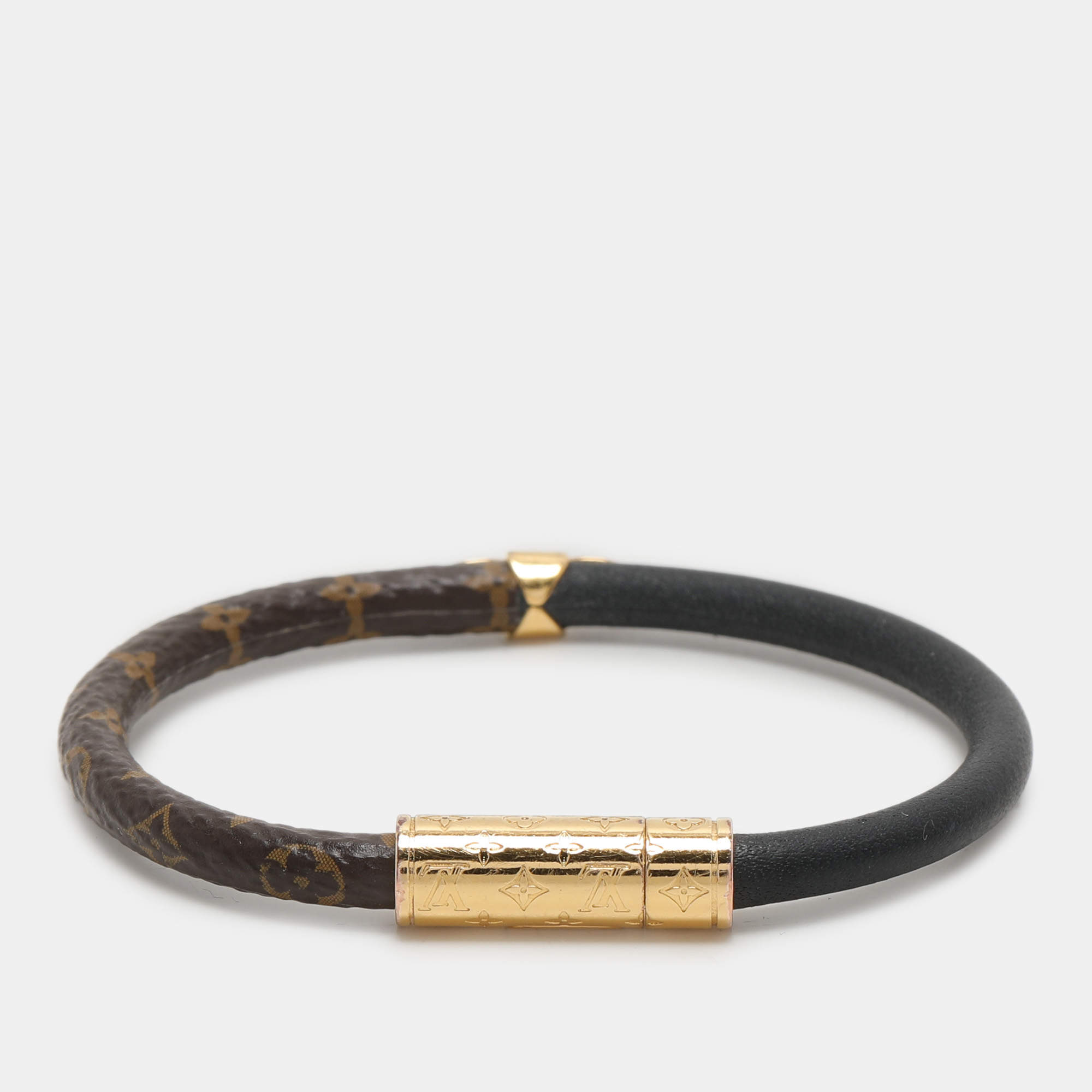 Pre Owned Louis Vuitton Black Monogram Canvas and Leather Daily Confidential Gold Tone Wrap Bracelet