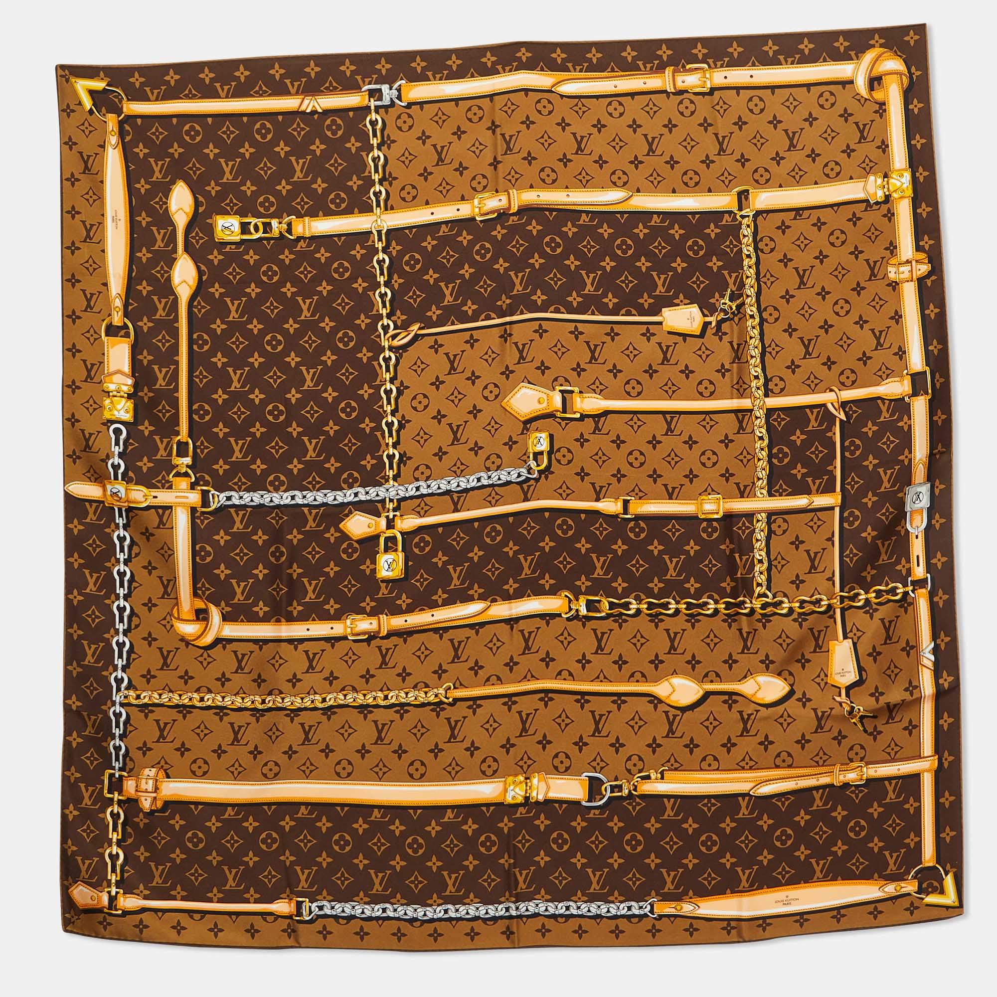 Pre Owned Louis Vuitton Brown Monogram Confidential Silk Square Scarf