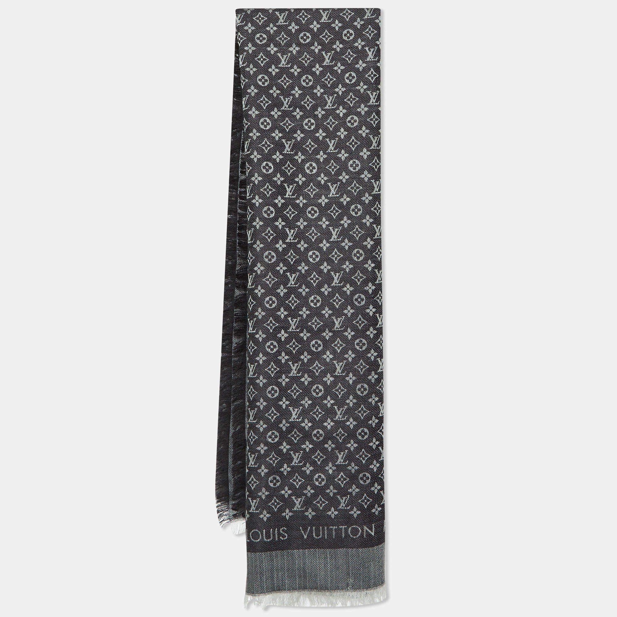 Pre Owned Louis Vuitton Black Monogram Silk & Wool Petit Louis Shawl