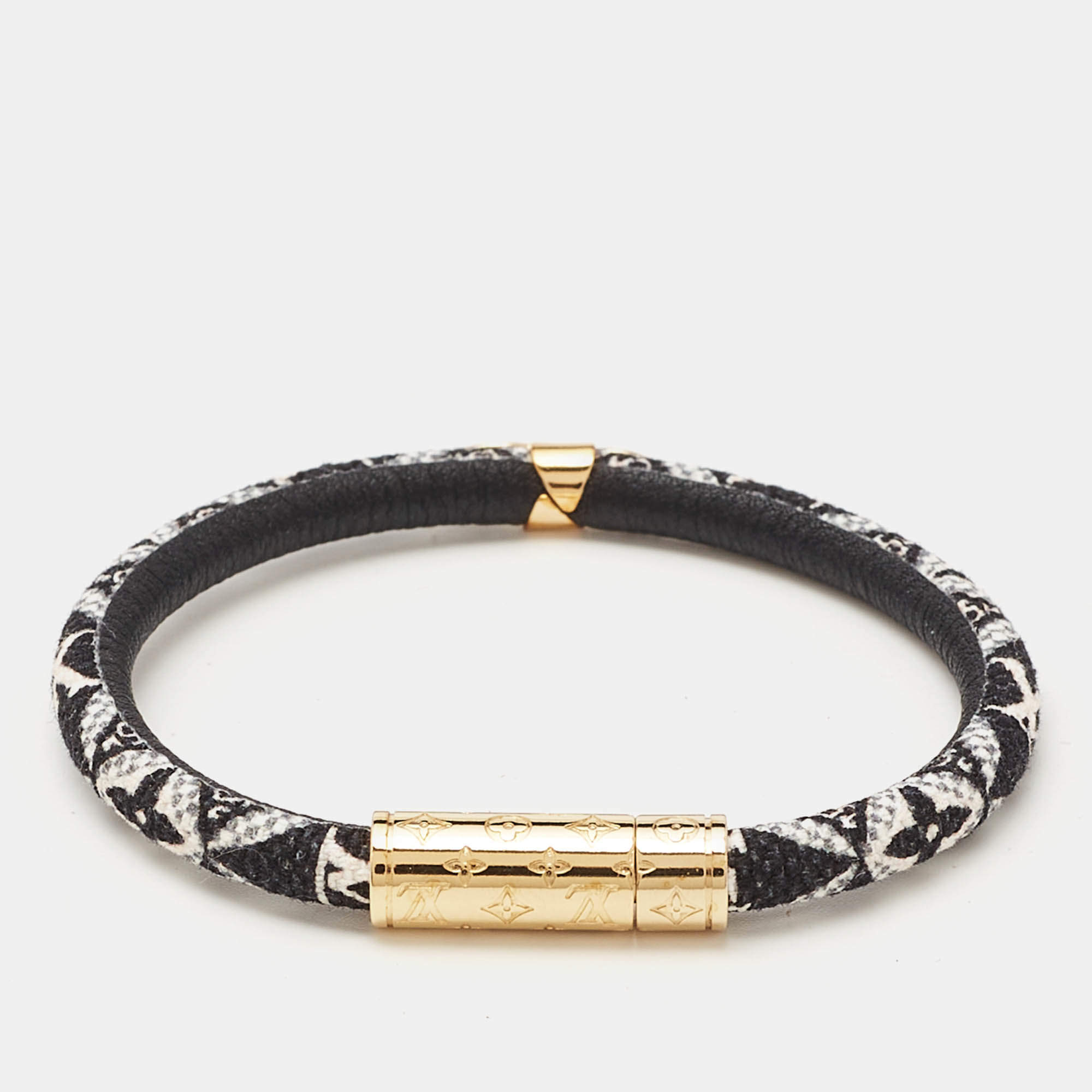 Pre Owned Louis Vuitton Daily Confidential Monogram Leather Gold Tone Bracelet