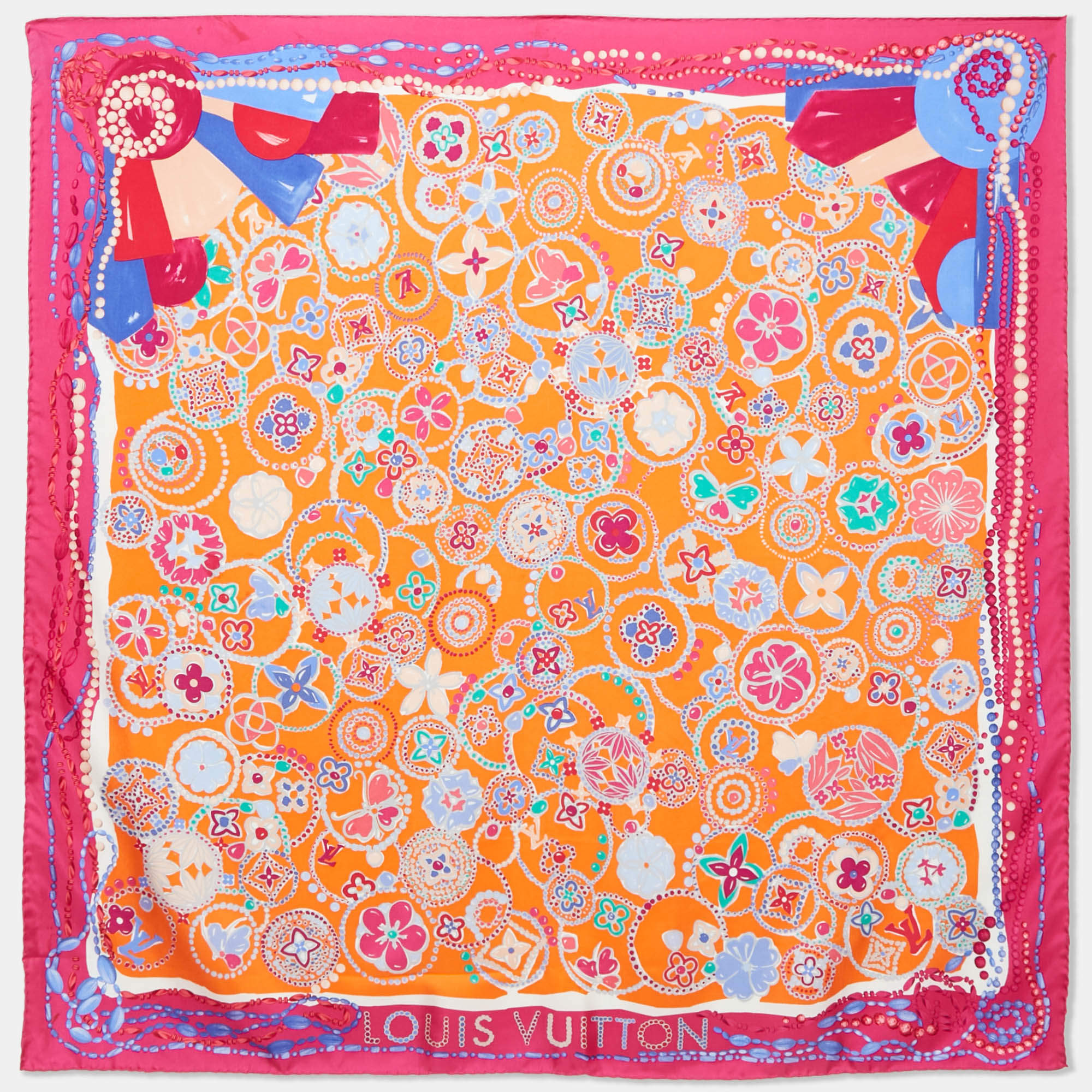 Pre Owned Louis Vuitton Orange/Pink Printed Silk Square Scarf 