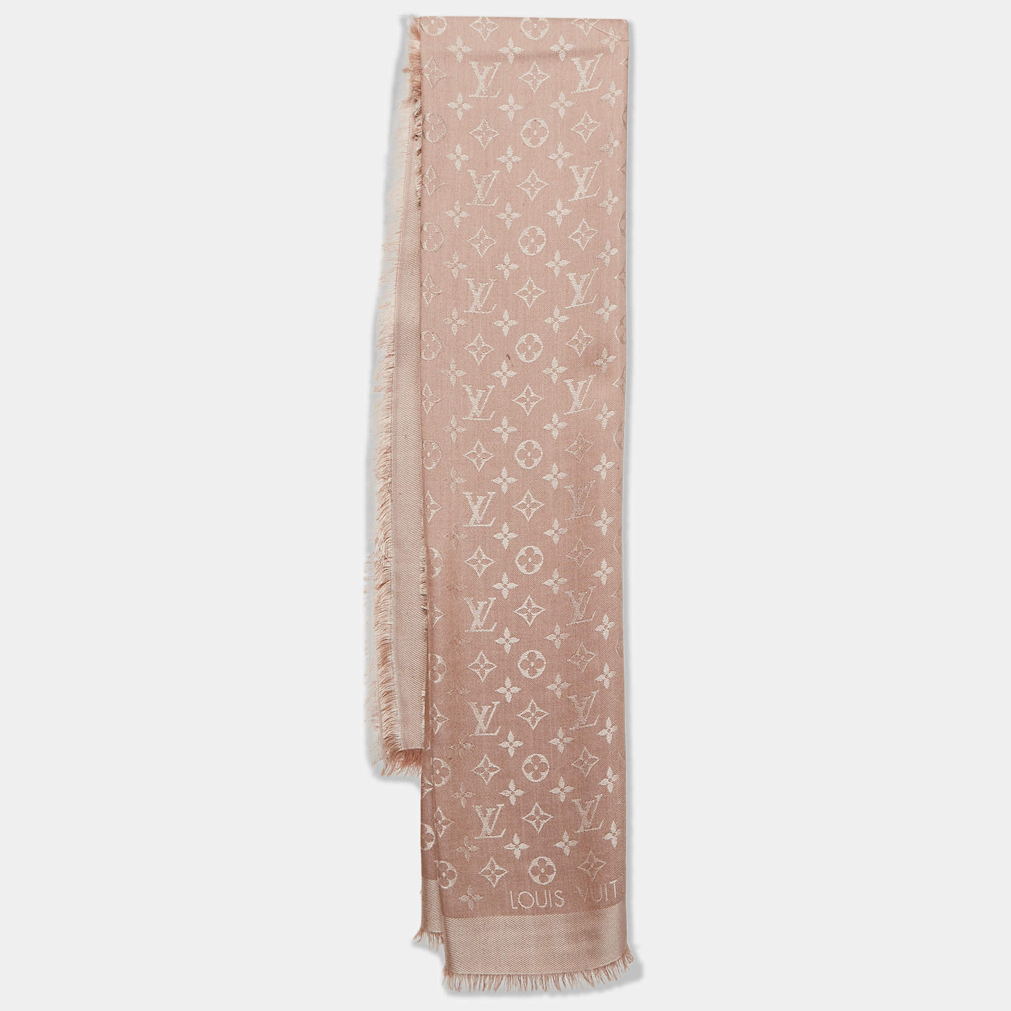 Pre Owned Louis Vuitton Beige Silk Blend Classique Monogram Shawl