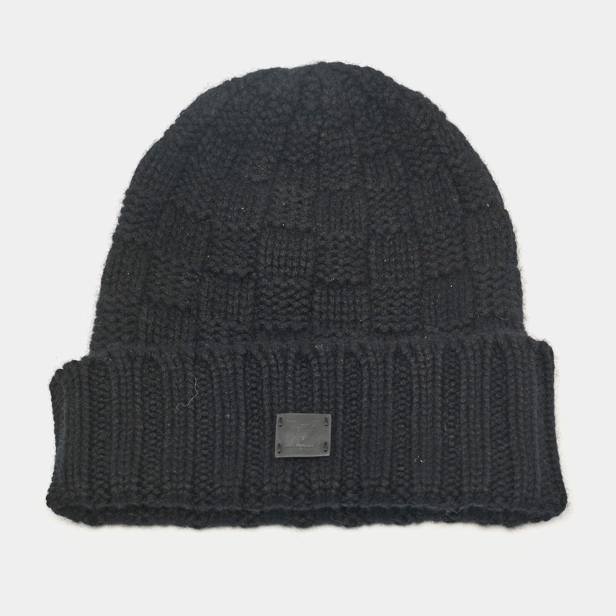 Pre Owned Louis Vuitton Black Wool Damier Knit Beanie