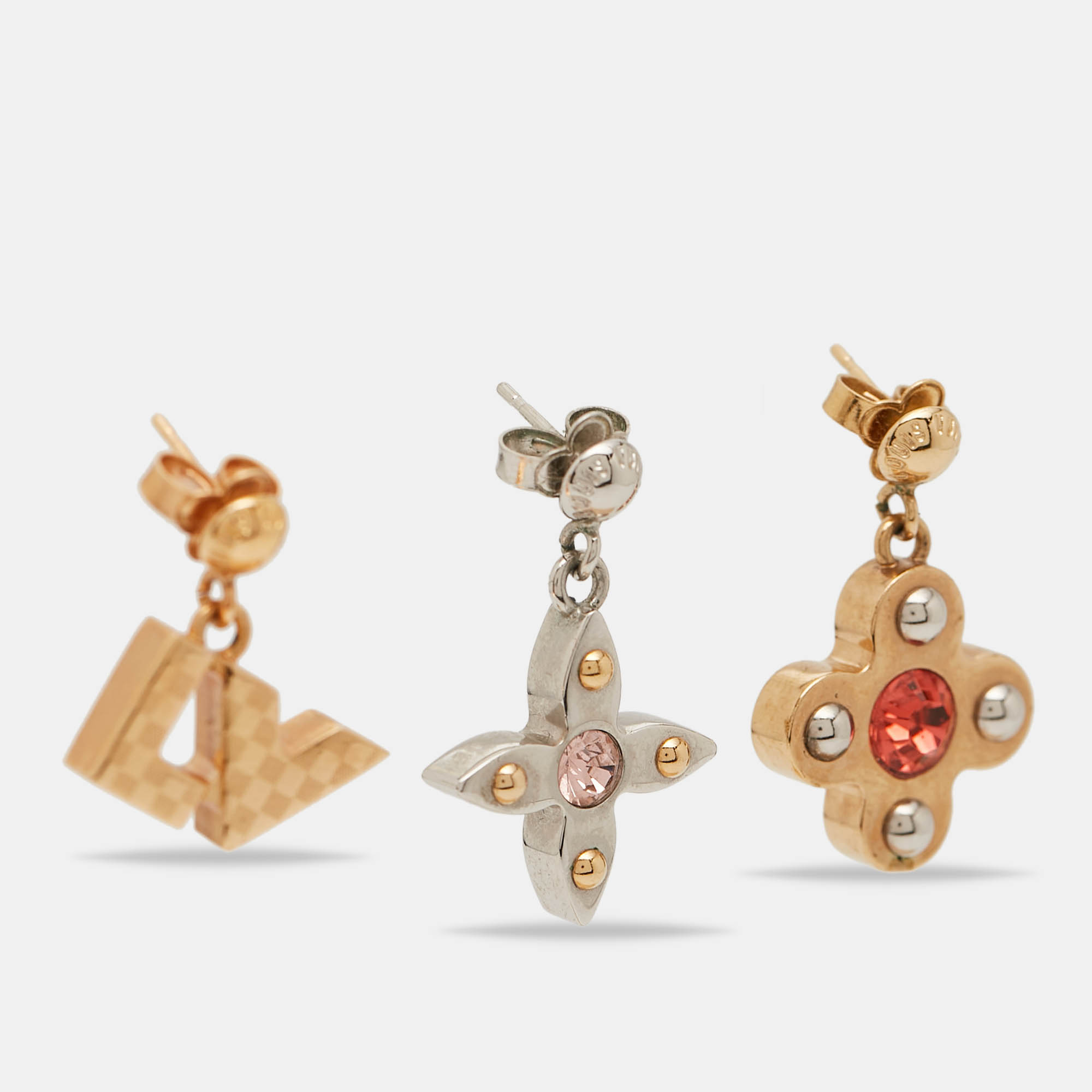Pre Owned Louis Vuitton Love Letters Crystals Two Tone Metal Set of 3 Earrings