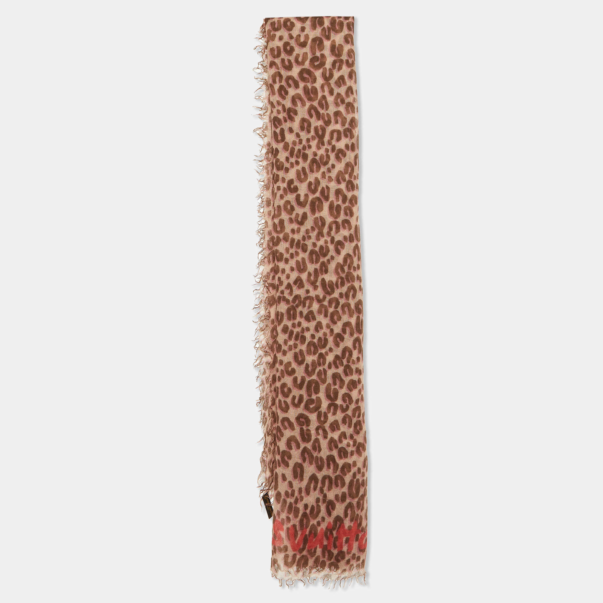 Pre Owned Louis Vuitton X Stephen Sprouse Pink/Brown Leopard Graffiti Print Cashmere & Silk Scarf