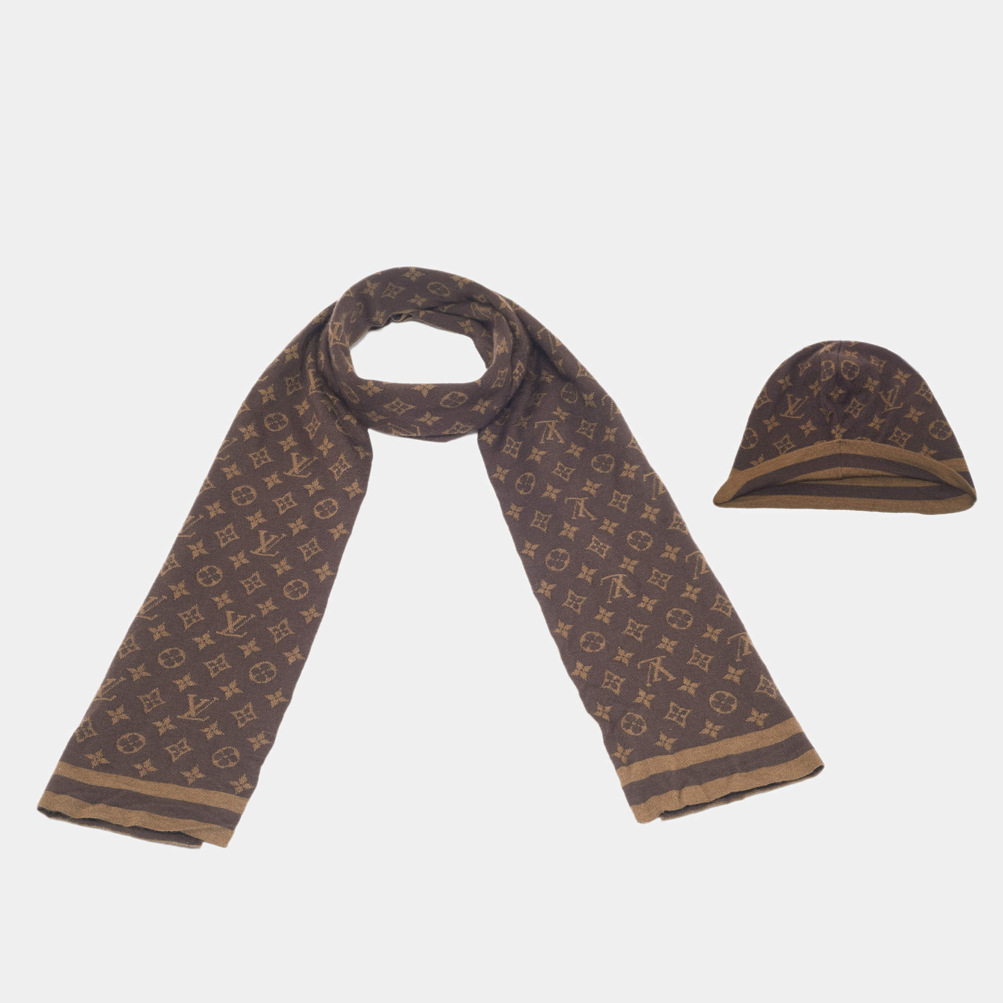 مملوكة مسبقًا Louis Vuitton Brown Monogram Cashmere Blend Scarf and Beanie 