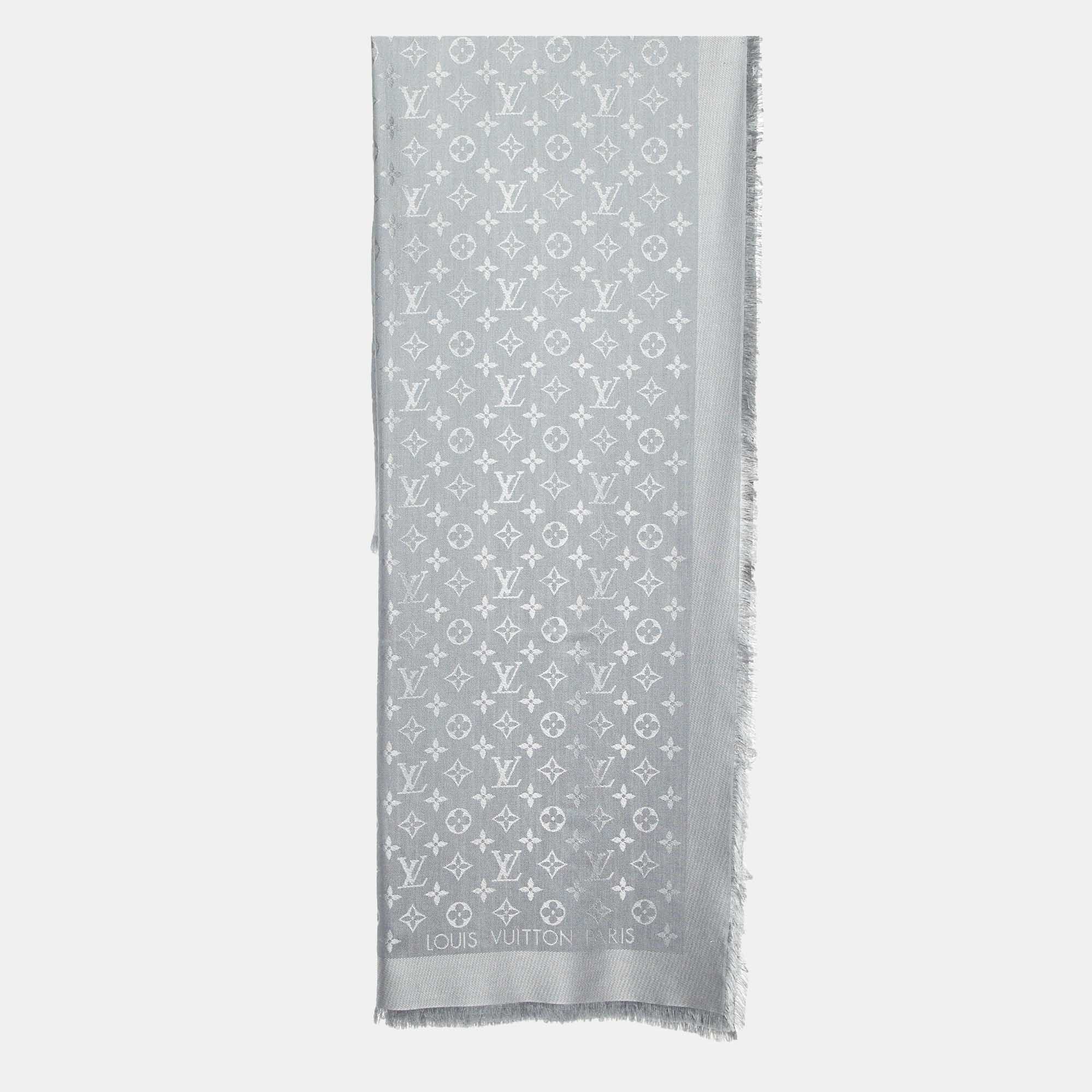 Pre Owned Louis Vuitton Grey Classique Monogram Silk & Wool Shawl