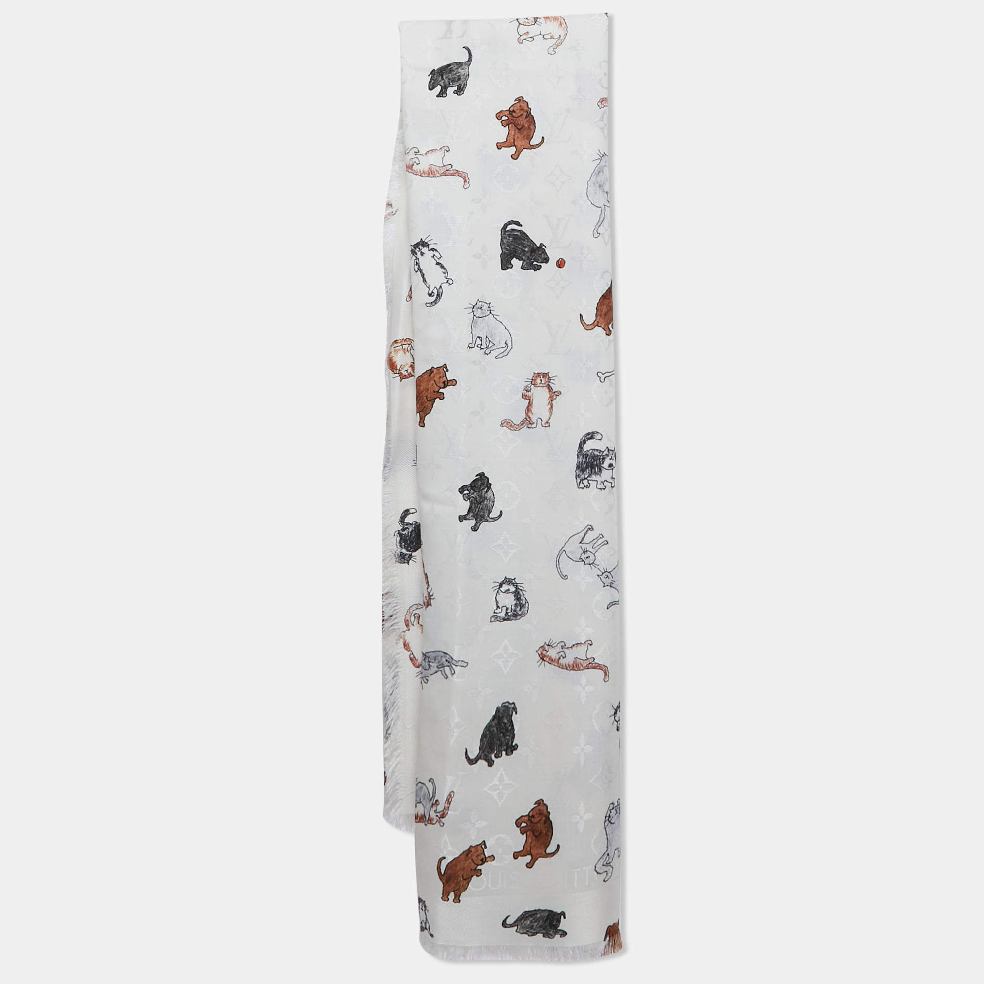 Louis Vuitton White Animal Print Silk and Wool Shawl 