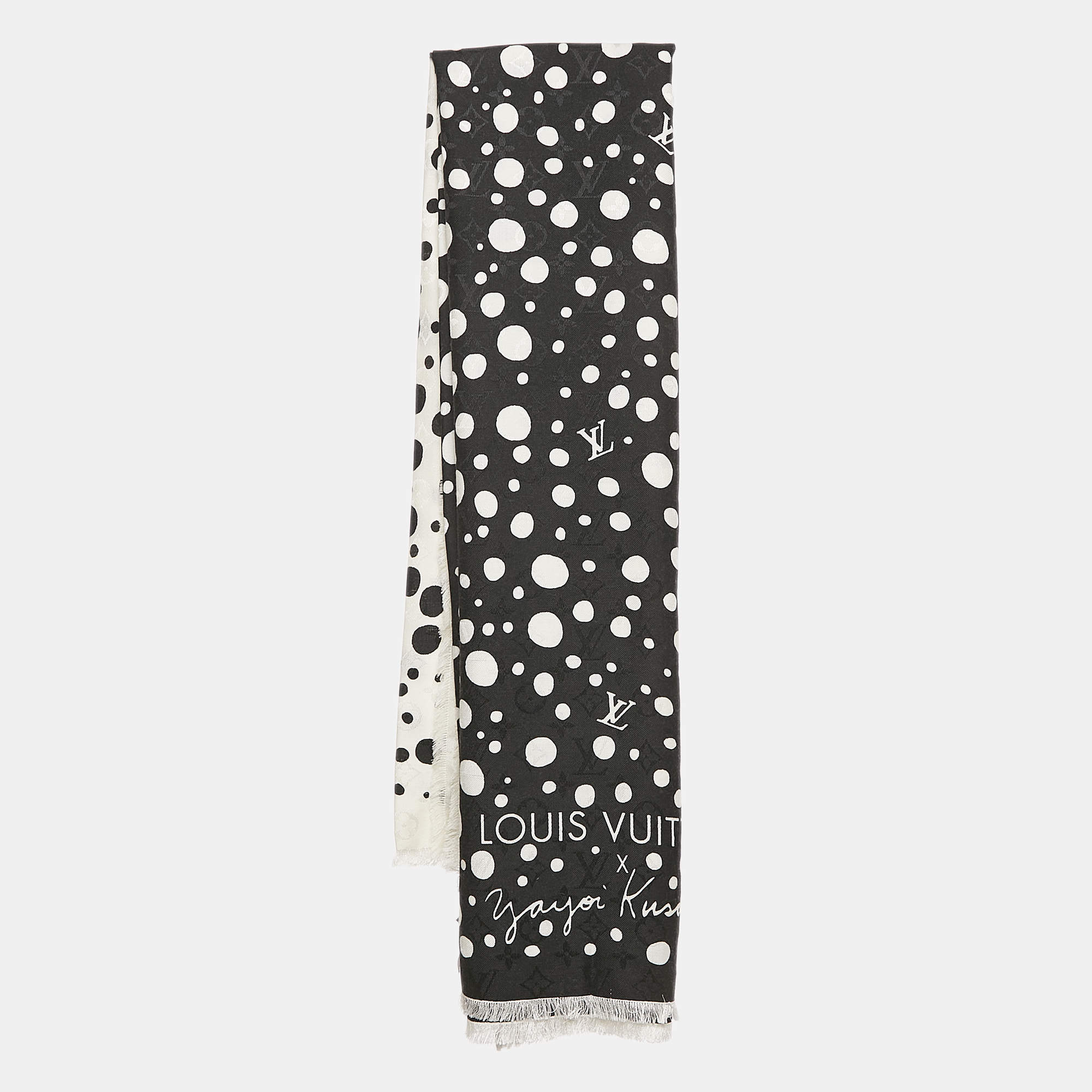 Louis Vuitton x Yayoi Kusama Black/White Dots Print Wool Blend Monogram Scarf 