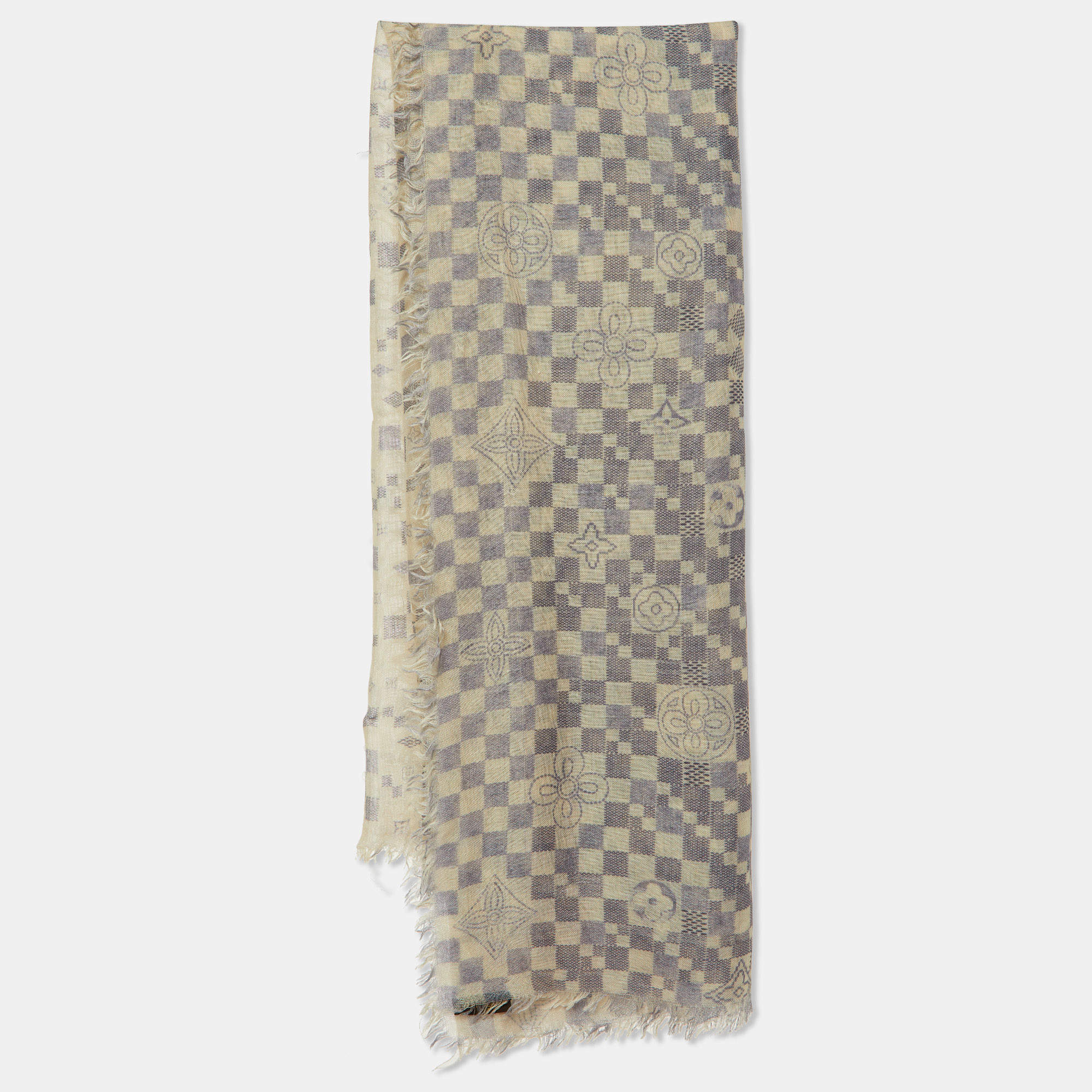 Pre Owned Louis Vuitton Cream & Blue Damien Printed Cashmere & Silk Shawl