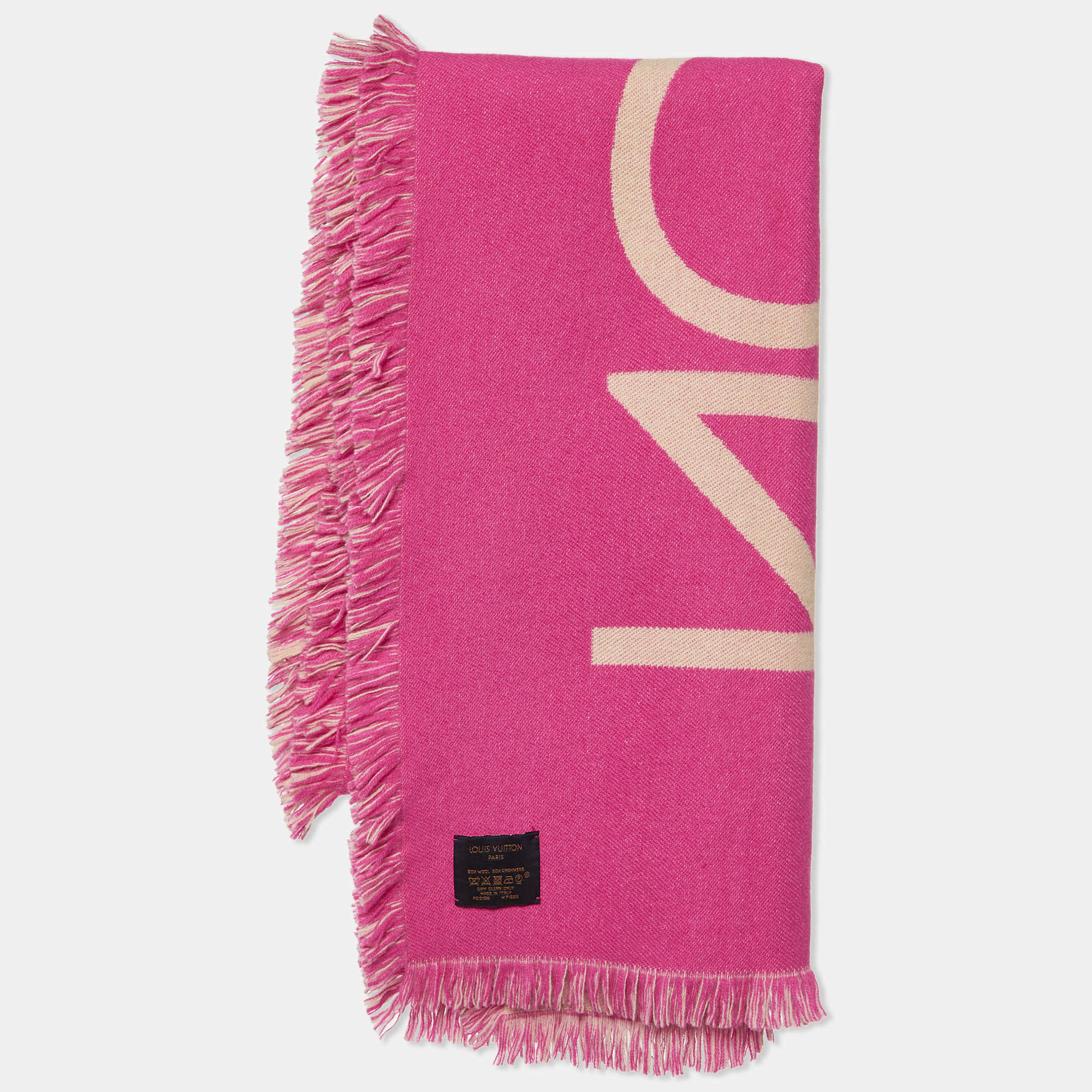 Pre Owned Louis Vuitton Rose Team Louis Wool & Cashmere Fringed Scarf
