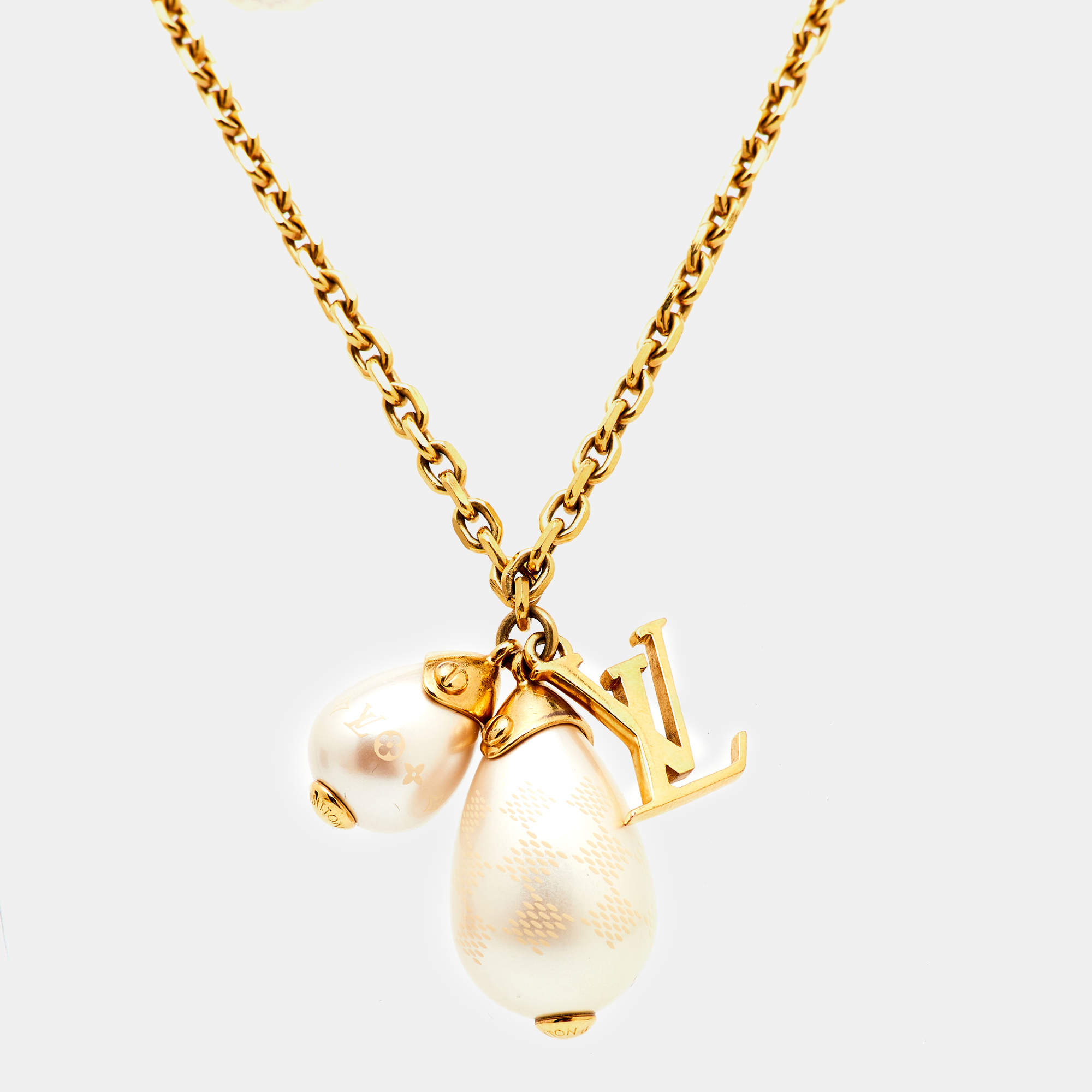 Louis Vuitton Damier Perle Faux Pearl Gold Tone Pendant Necklace
