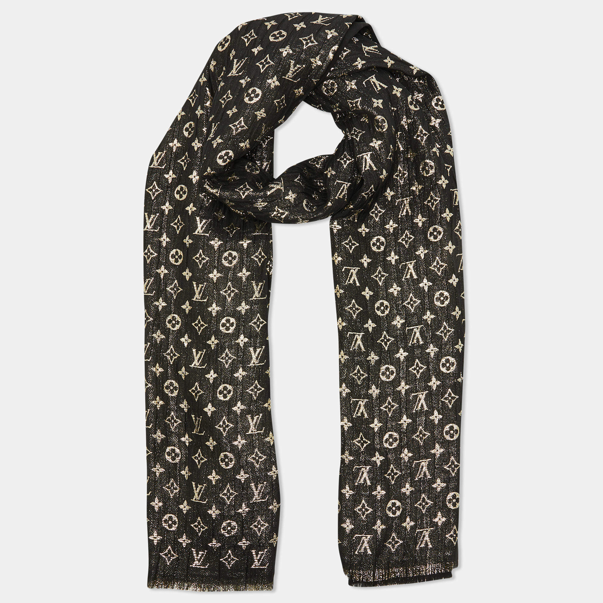 Pre Owned Louis Vuitton Black Monogram Silk So Glitter Stole