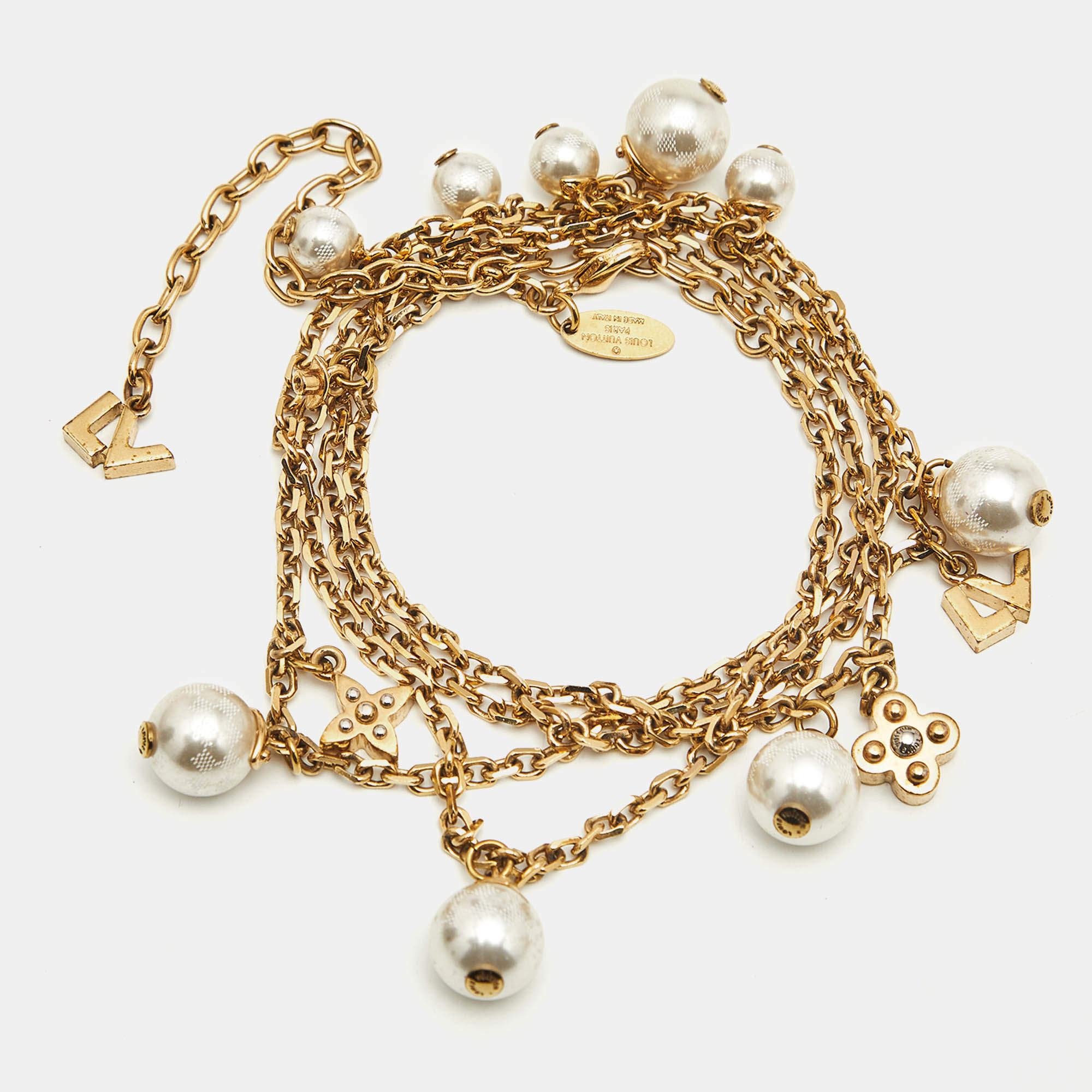 Louis Vuitton Damier Monogram Faux Pearl Two Tone Chain Link Charm Bracelet