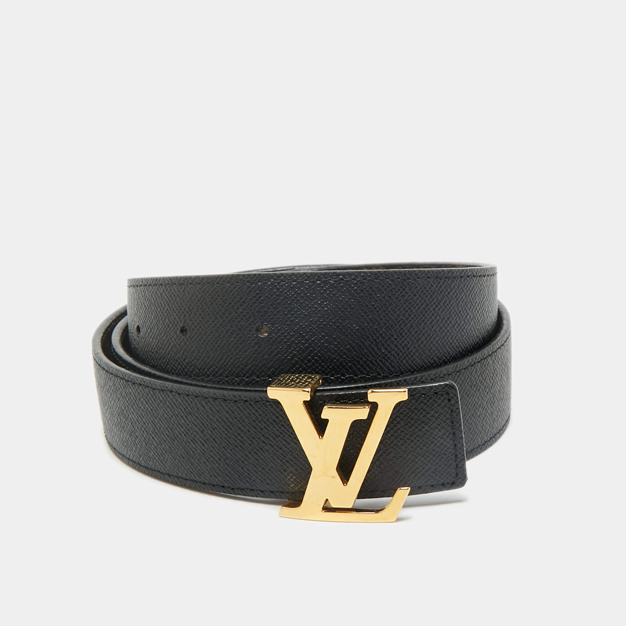 Louis Vuitton Black Monogram Canvas and Leather LV Initiales Reversible Belt 85CM