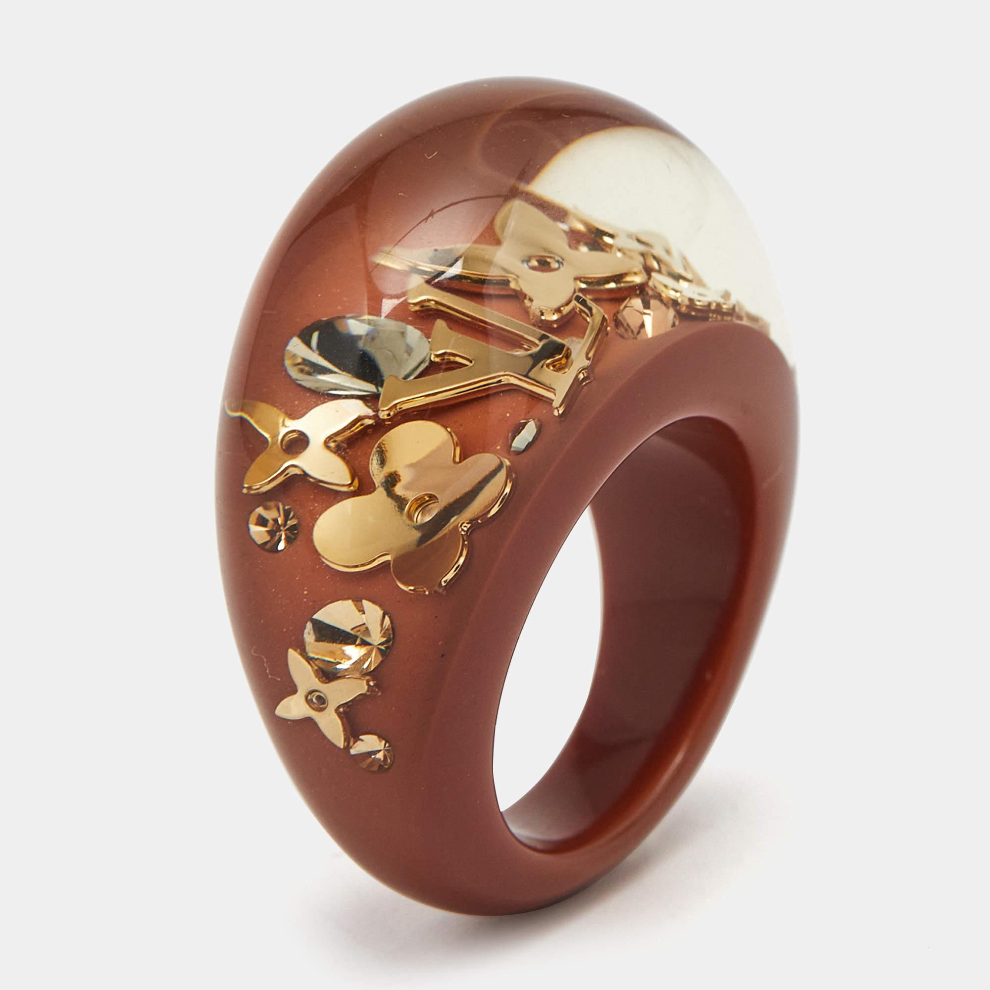 Louis Vuitton Monogram Inclusions Crystal Resin Gold Tone Ring Size 54