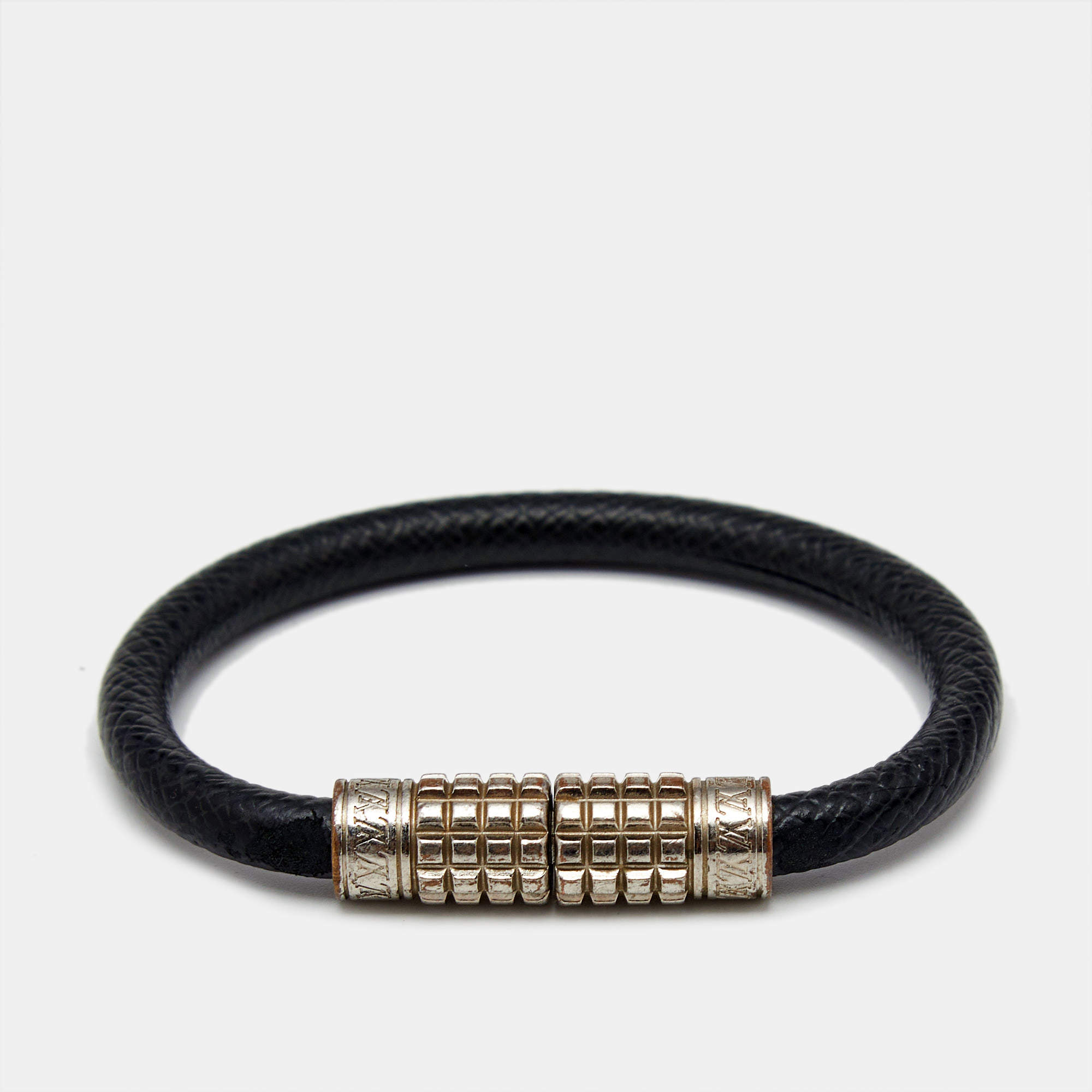 Louis Vuitton Digit Black Leather Silver Tone Bracelet