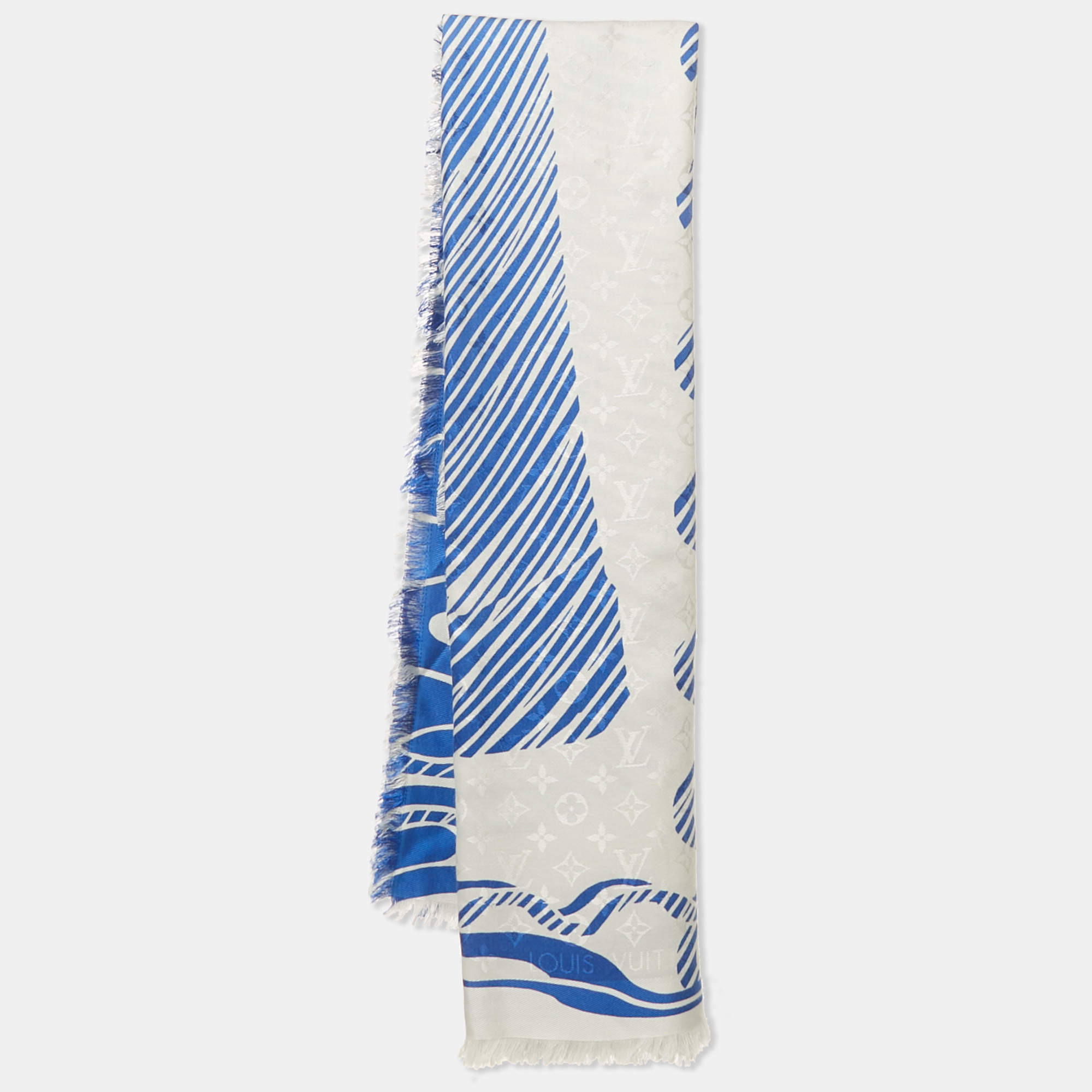 Pre Owned Louis Vuitton Blue Monogram Silk and Wool Shawl