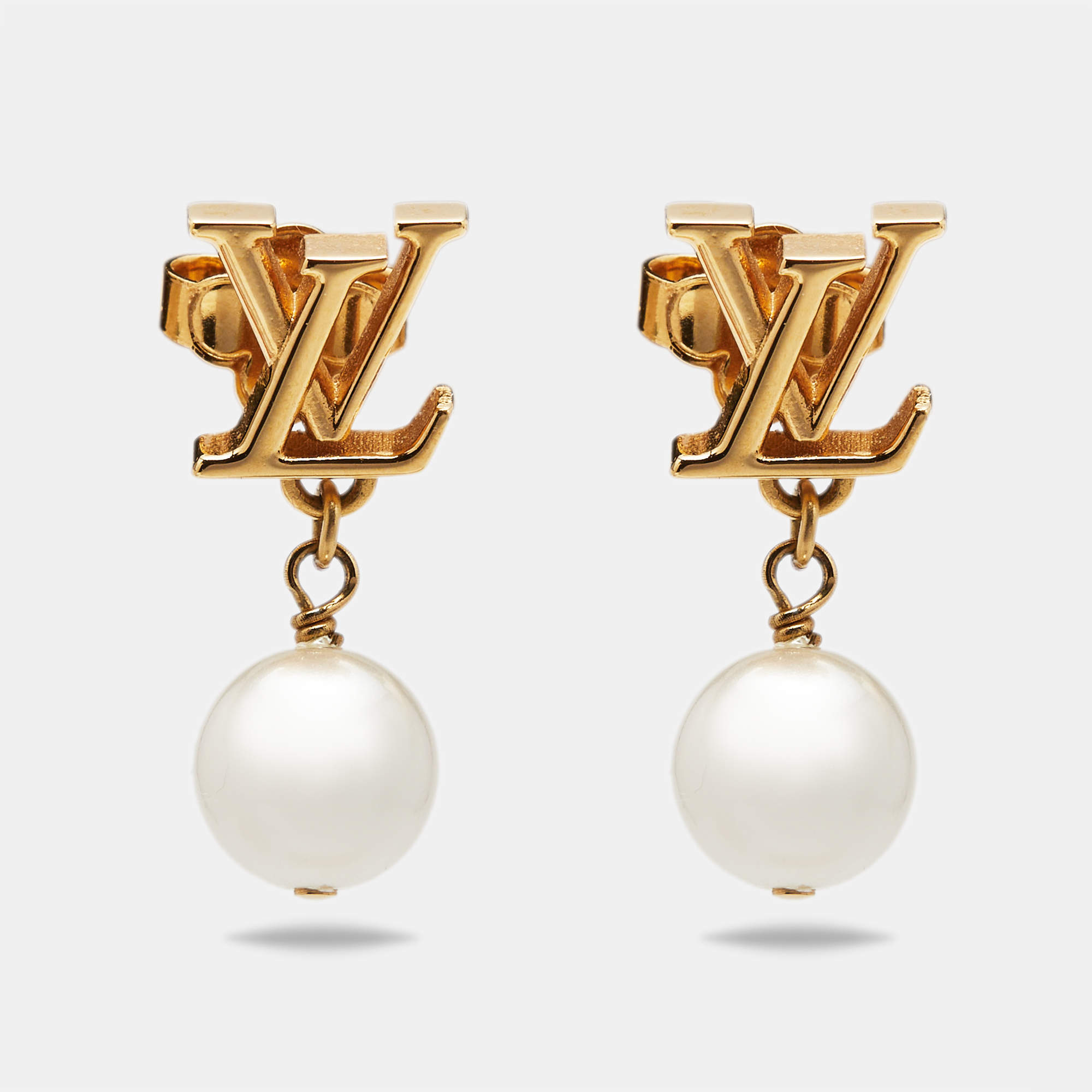 Pre Owned Louis Vuitton  Iconic Louisa Faux Pearl Gold Tone Earrings