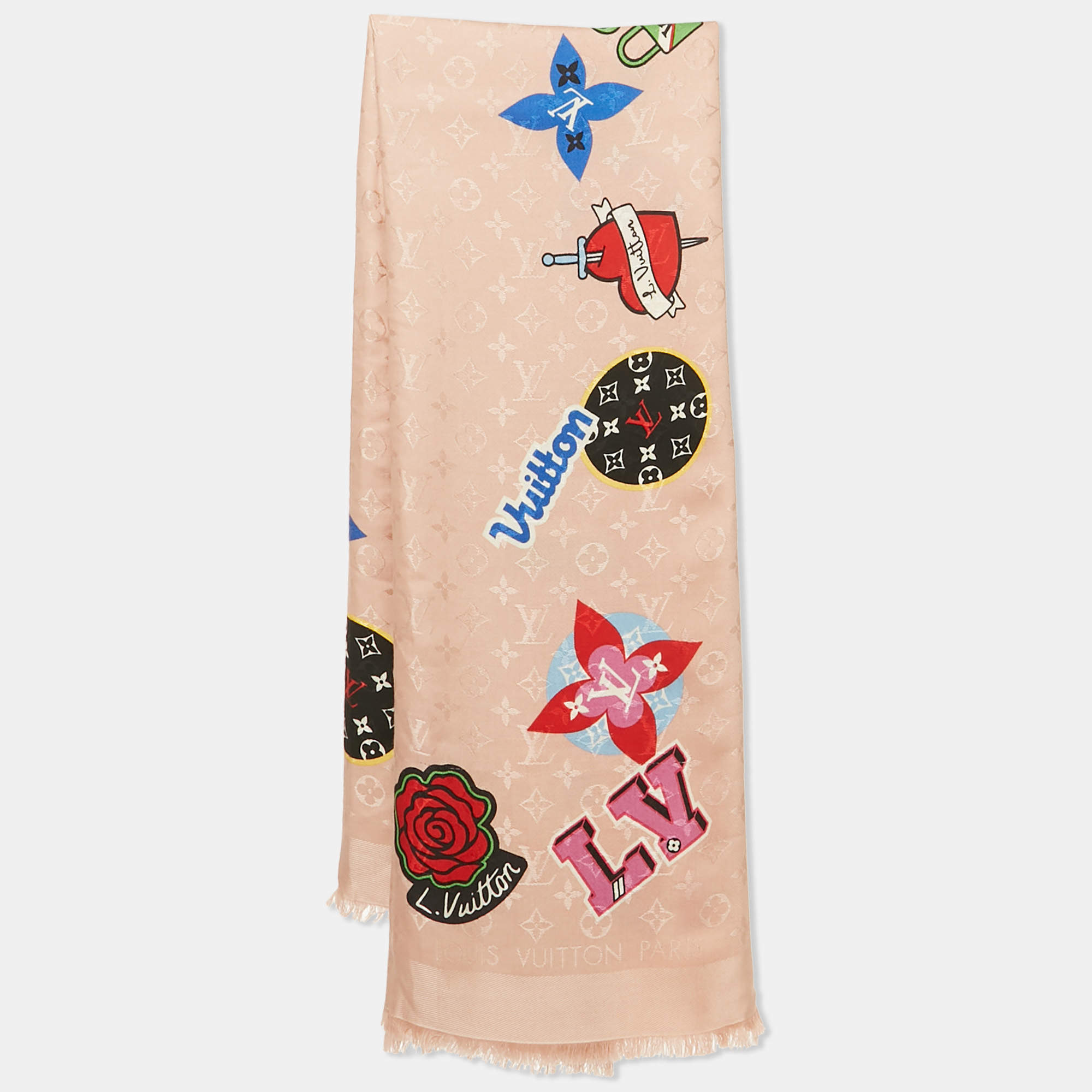 Pre Owned Louis Vuitton Pink Printed Wool Blend Monogram Scarf 