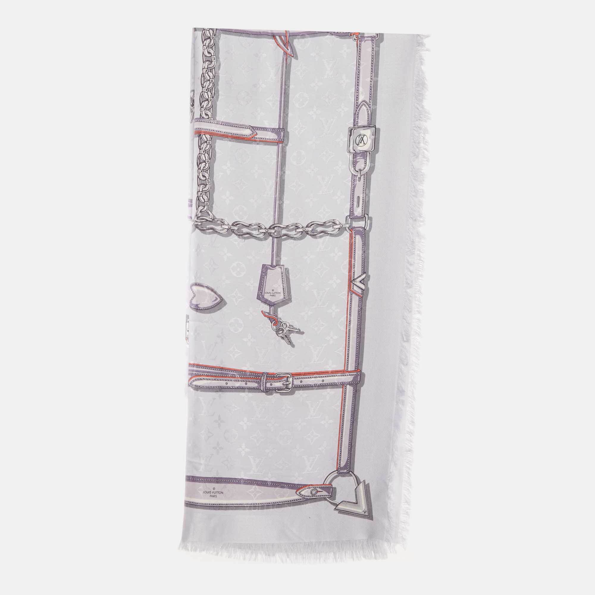 Pre Owned Louis Vuitton Blue Belt Print Silk Blend Monogram Scarf