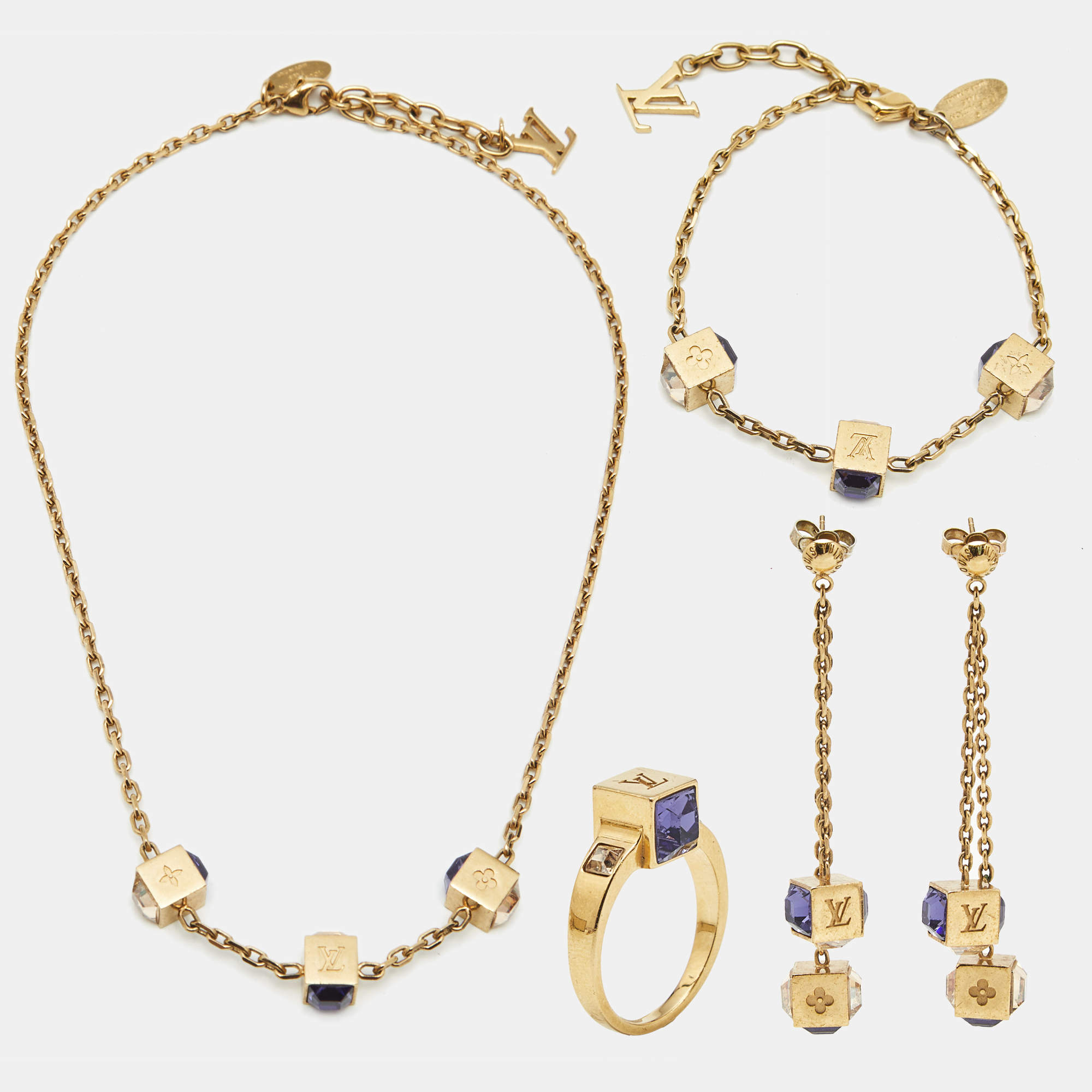 Pre Owned طقم عقد سوار خاتم وأقراط لوي فيتون غامبل كريستال ذهبي اللون