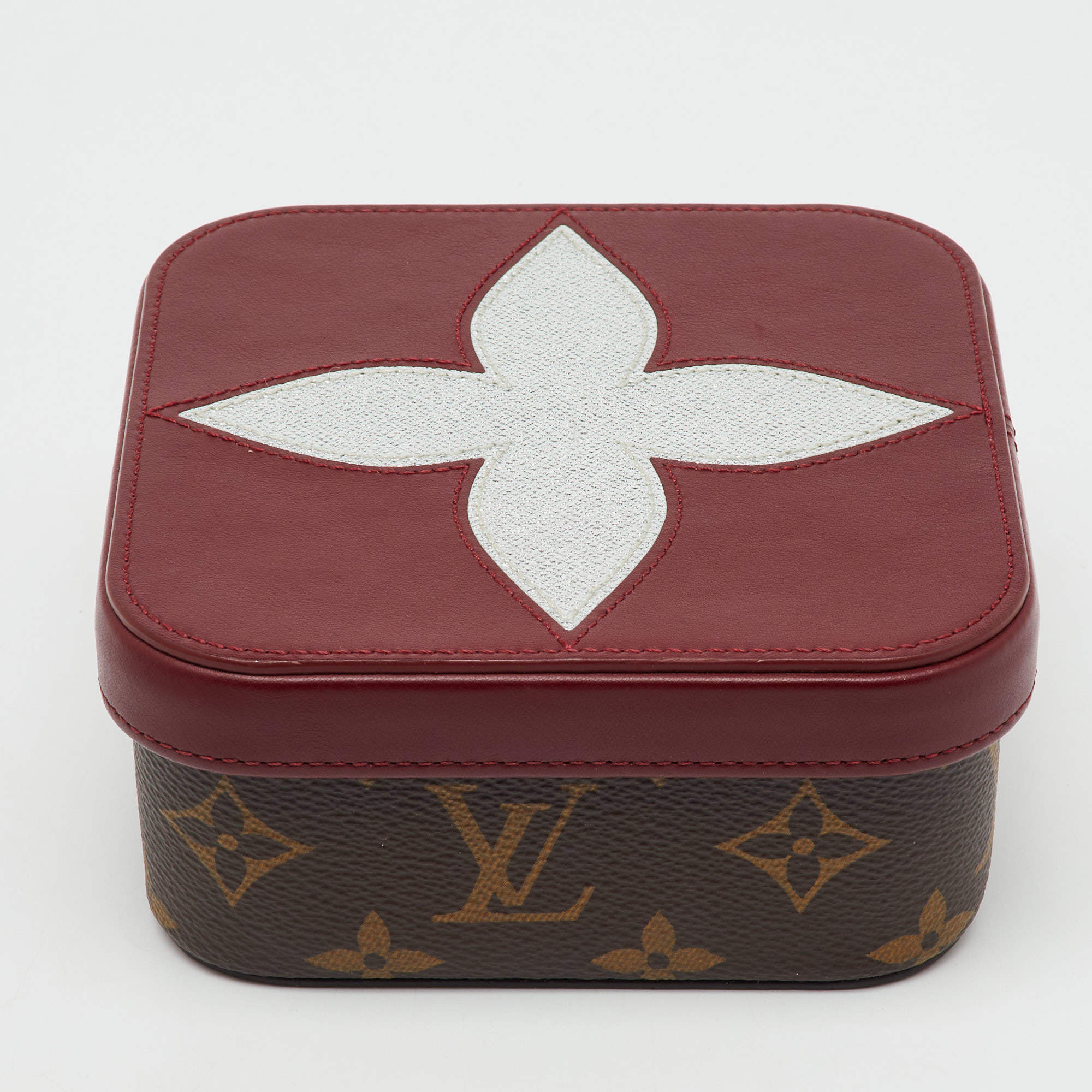 Pre Owned Louis Vuitton Burgundy Leather and Monogram Canvas Boite Clarins PM Jewelry Case