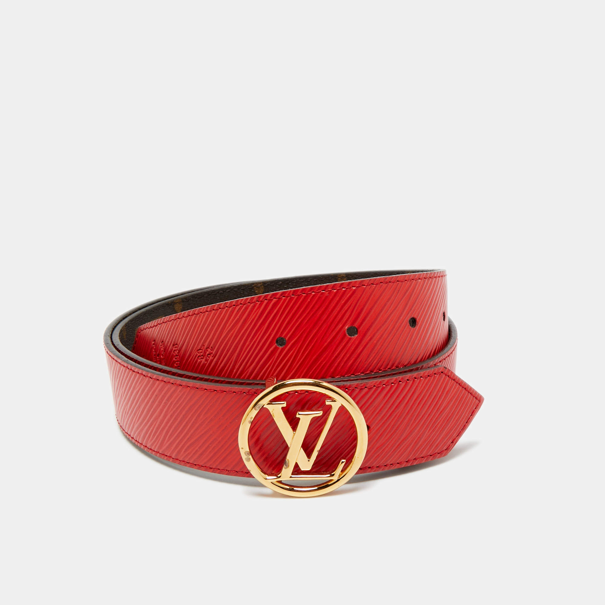 Pre Owned Louis Vuitton Red Epi Leather and Monogram Canvas LV Circle Reversible Belt 80 CM