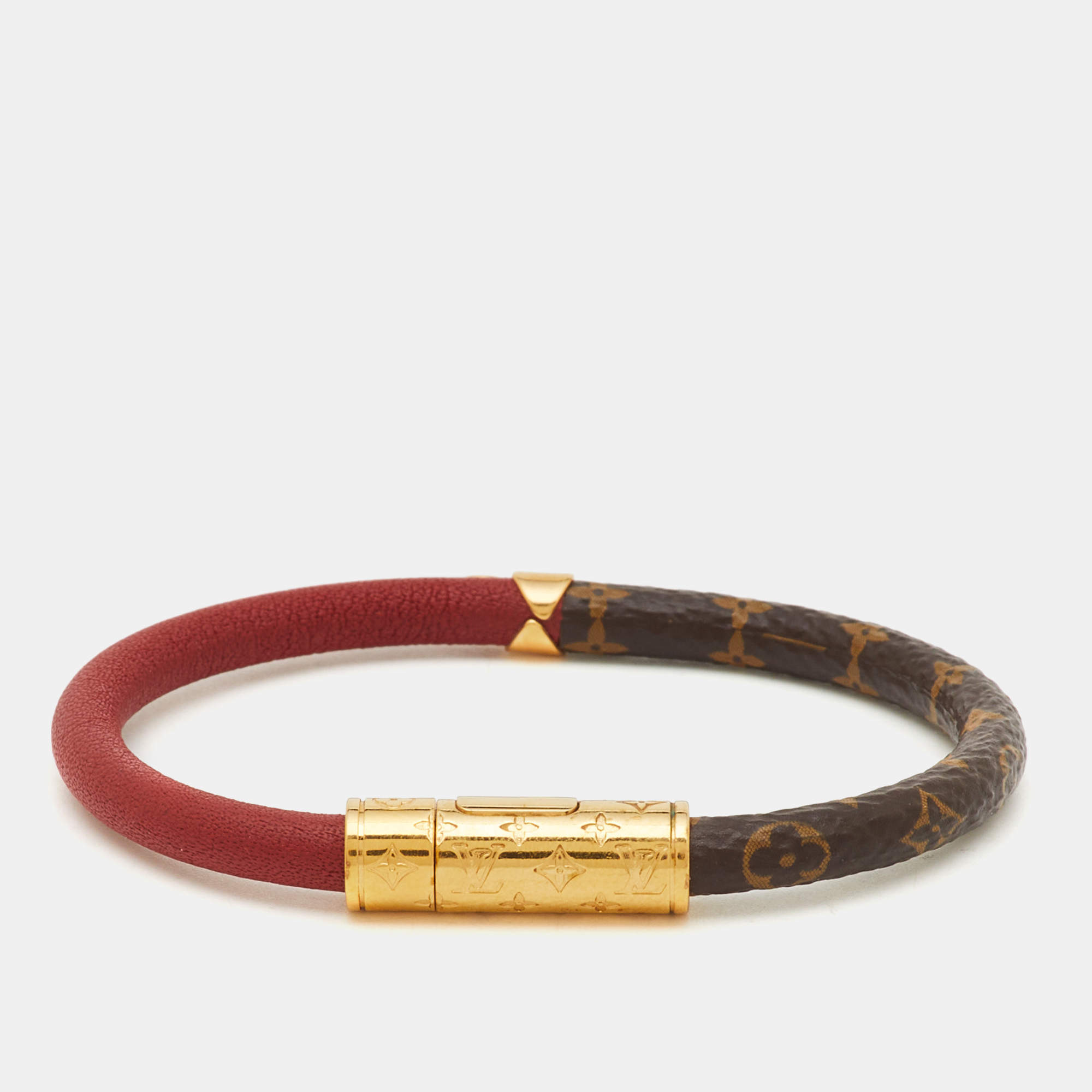 Pre Owned Louis Vuitton Daily Confidential Leather Canvas Gold Tone Bracelet