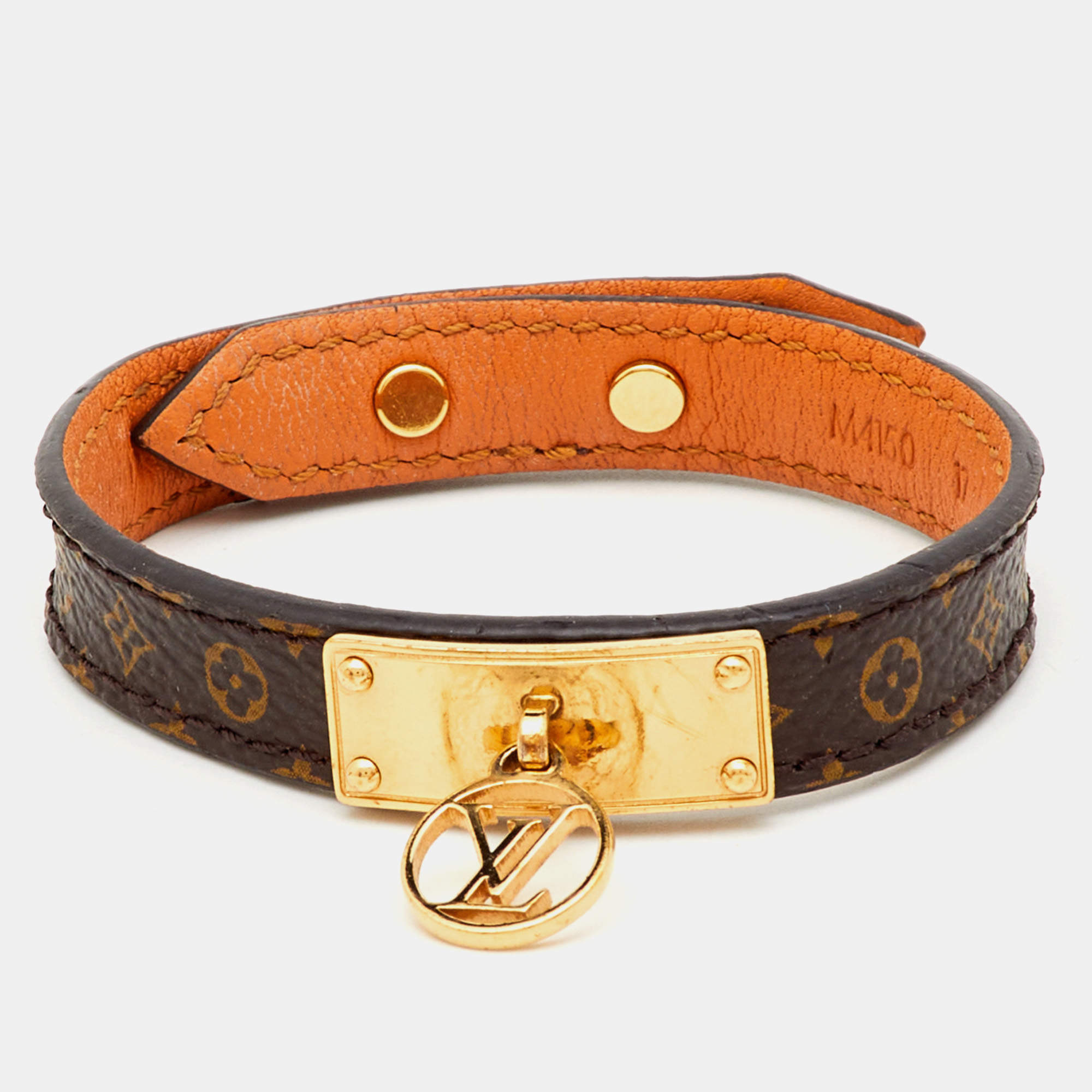Pre Owned Louis Vuitton Logomania Brown Monogram Canvas Gold Tone Bracelet 17