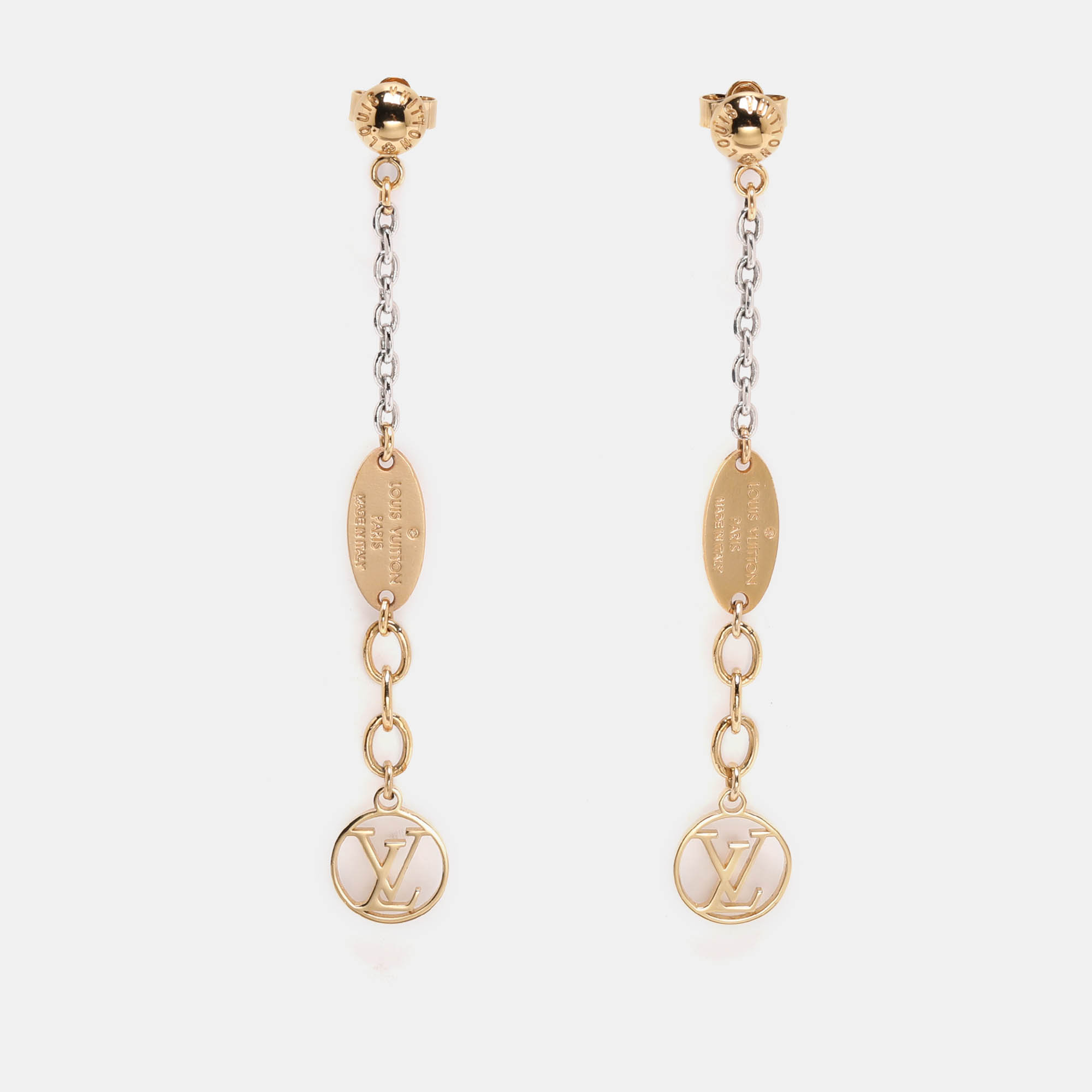 Pre Owned Louis Vuitton Two Tone Metal Logomania Dangling Earrings