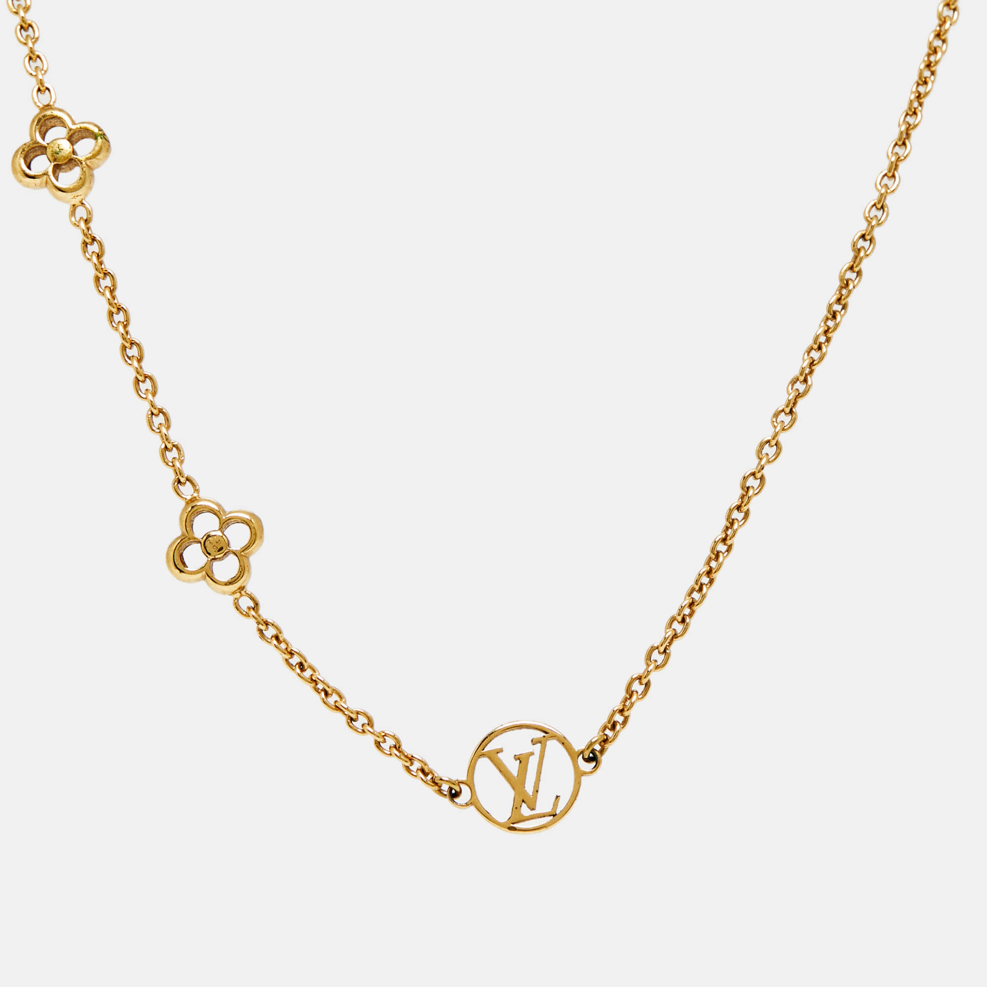 Pre Owned Louis Vuitton Flower Gold Tone Station Necklace