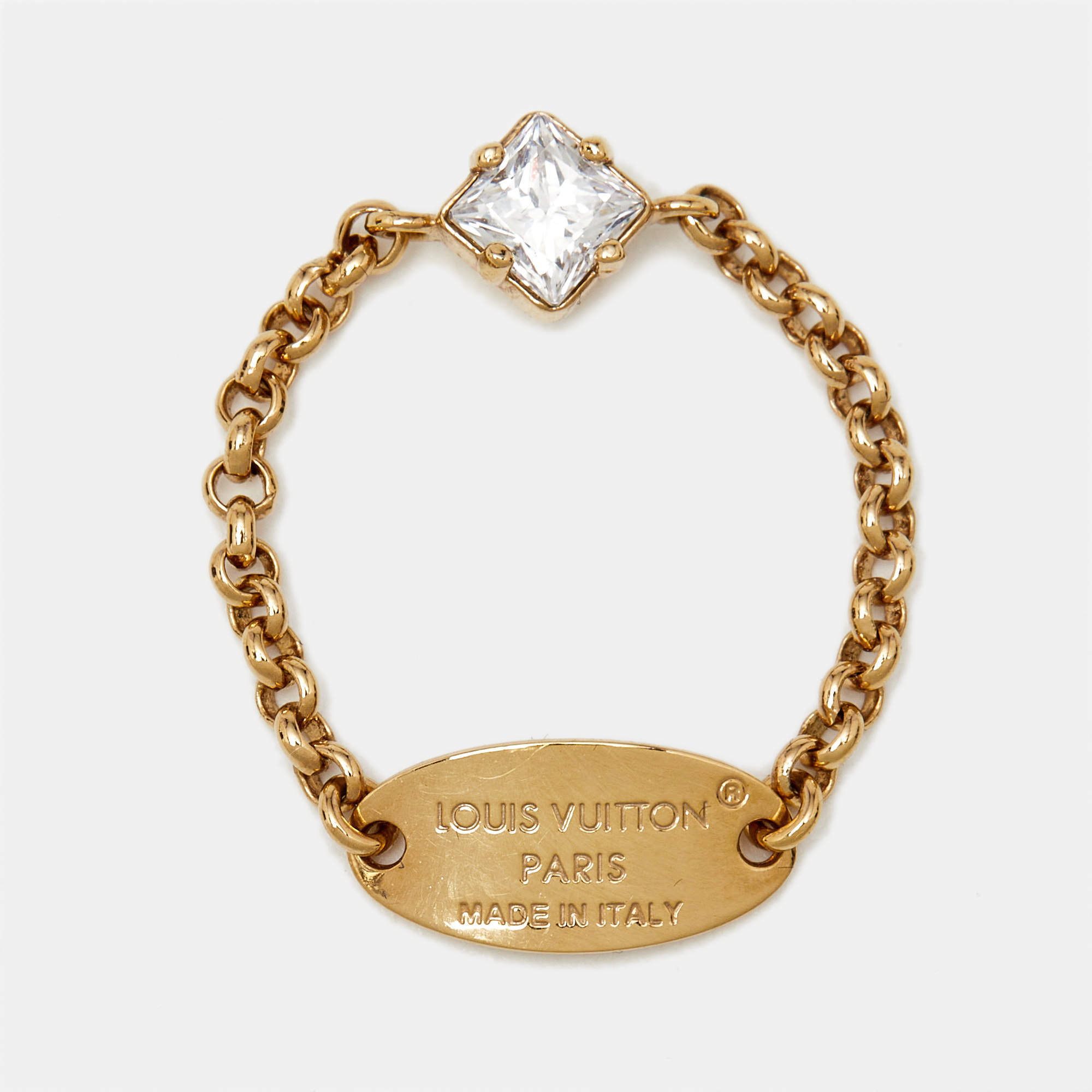 Pre Owned Louis Vuitton Lady LV Crystals Gold Tone Single Ring Size 52