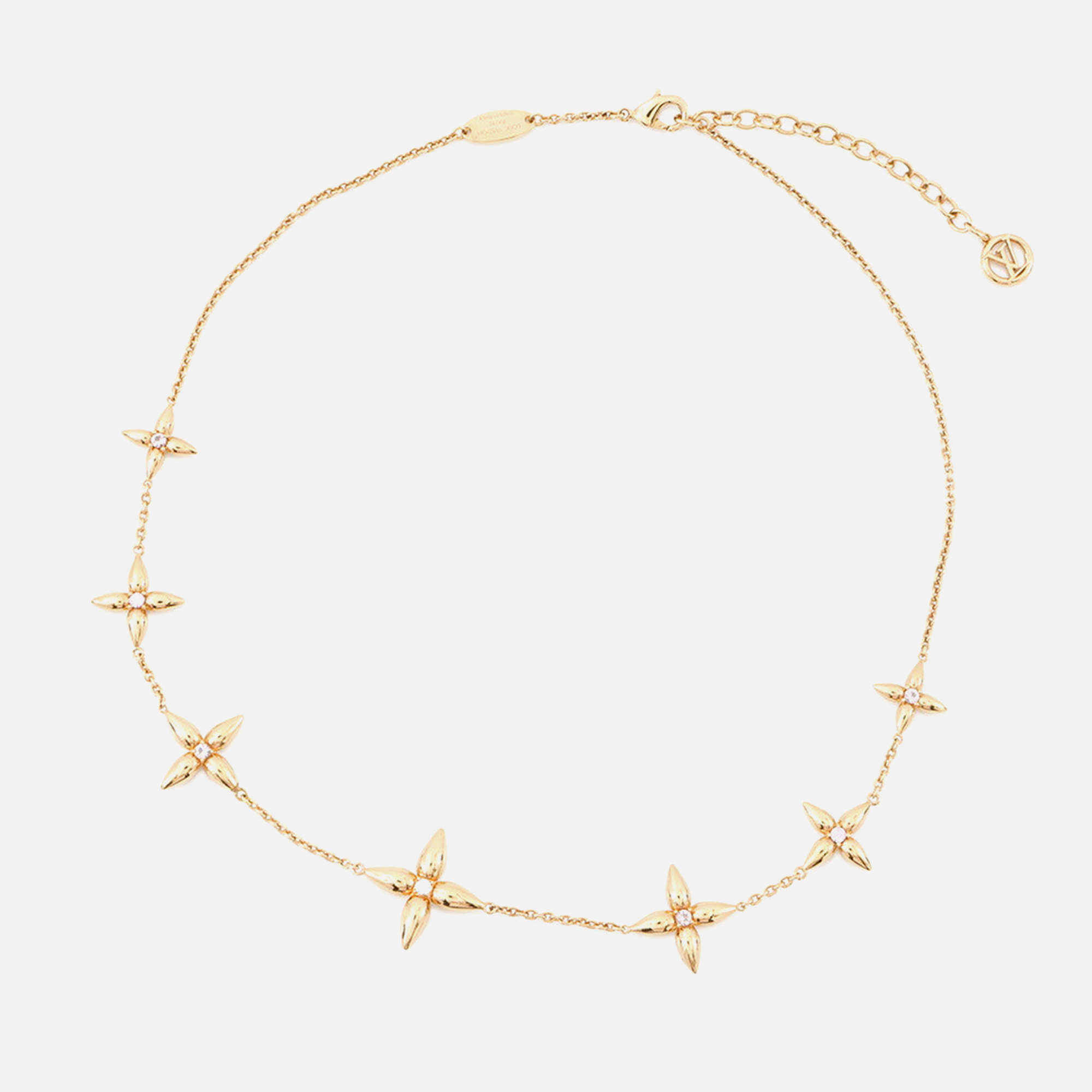 Pre Owned Louis Vuitton Louisette Signature Necklace Gold Plated Rhinestone