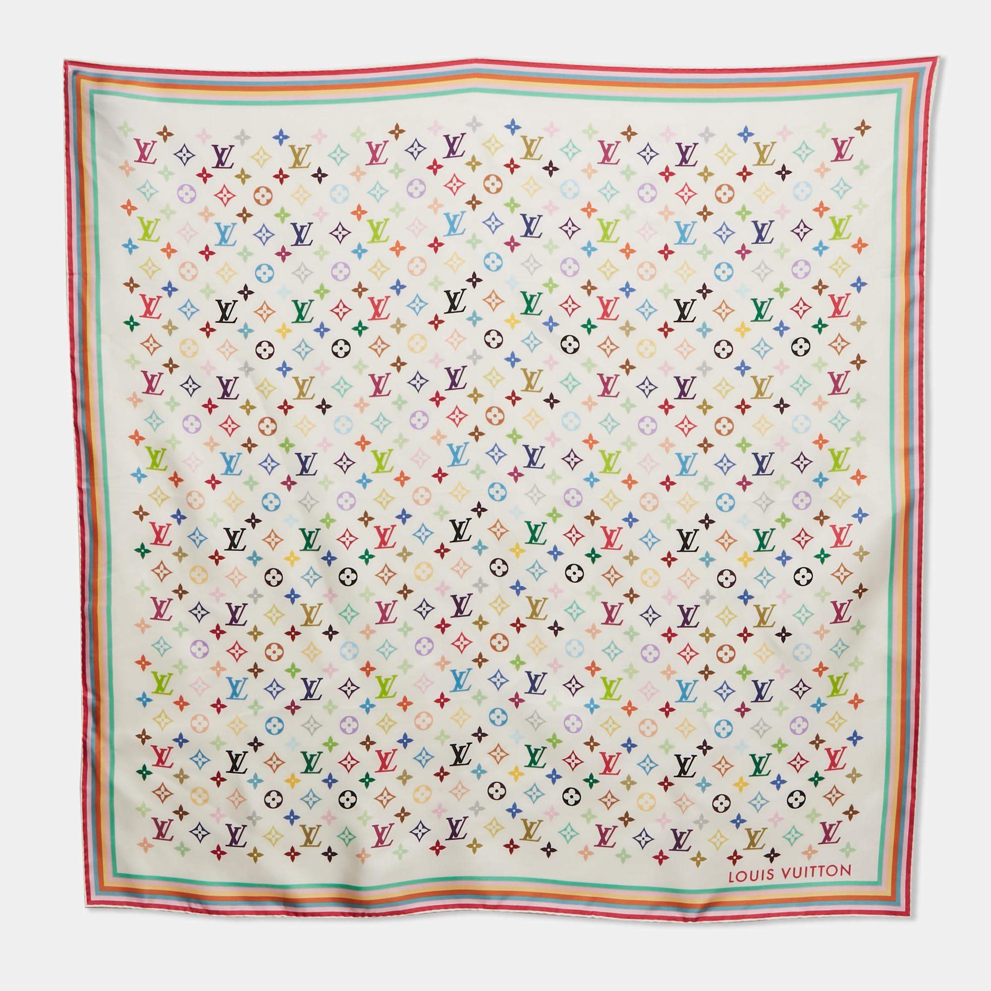 Pre Owned Louis Vuitton X Murakami White Monogram Print Silk Scarf