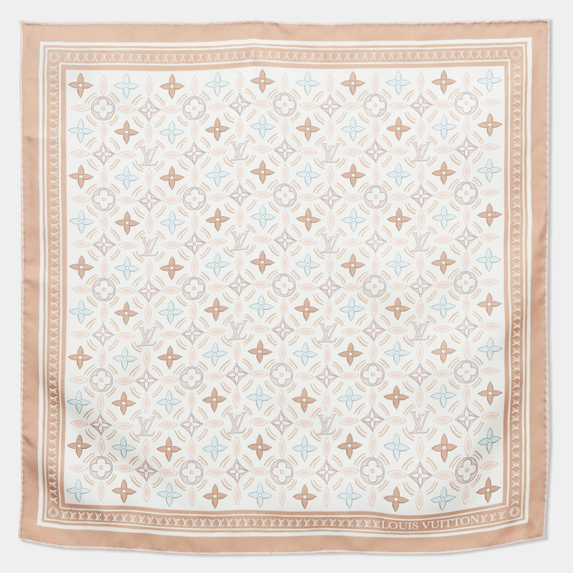 Pre Owned Louis Vuitton White/Beige Monogram Petal Square Silk Scarf