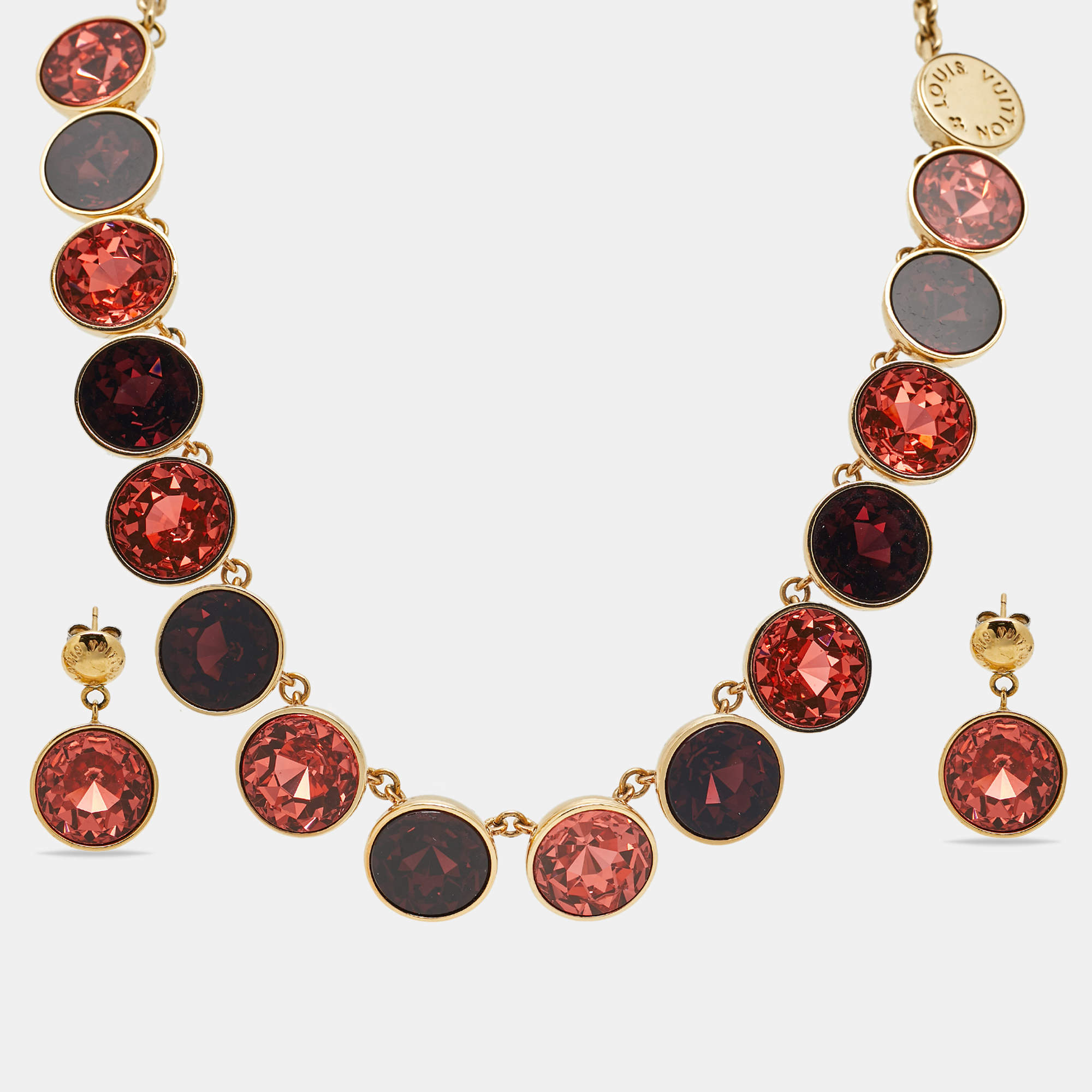 Pre Owned Louis Vuitton Over the Rainbow Crystal Gold Tone Necklace Earrings & Ring Set