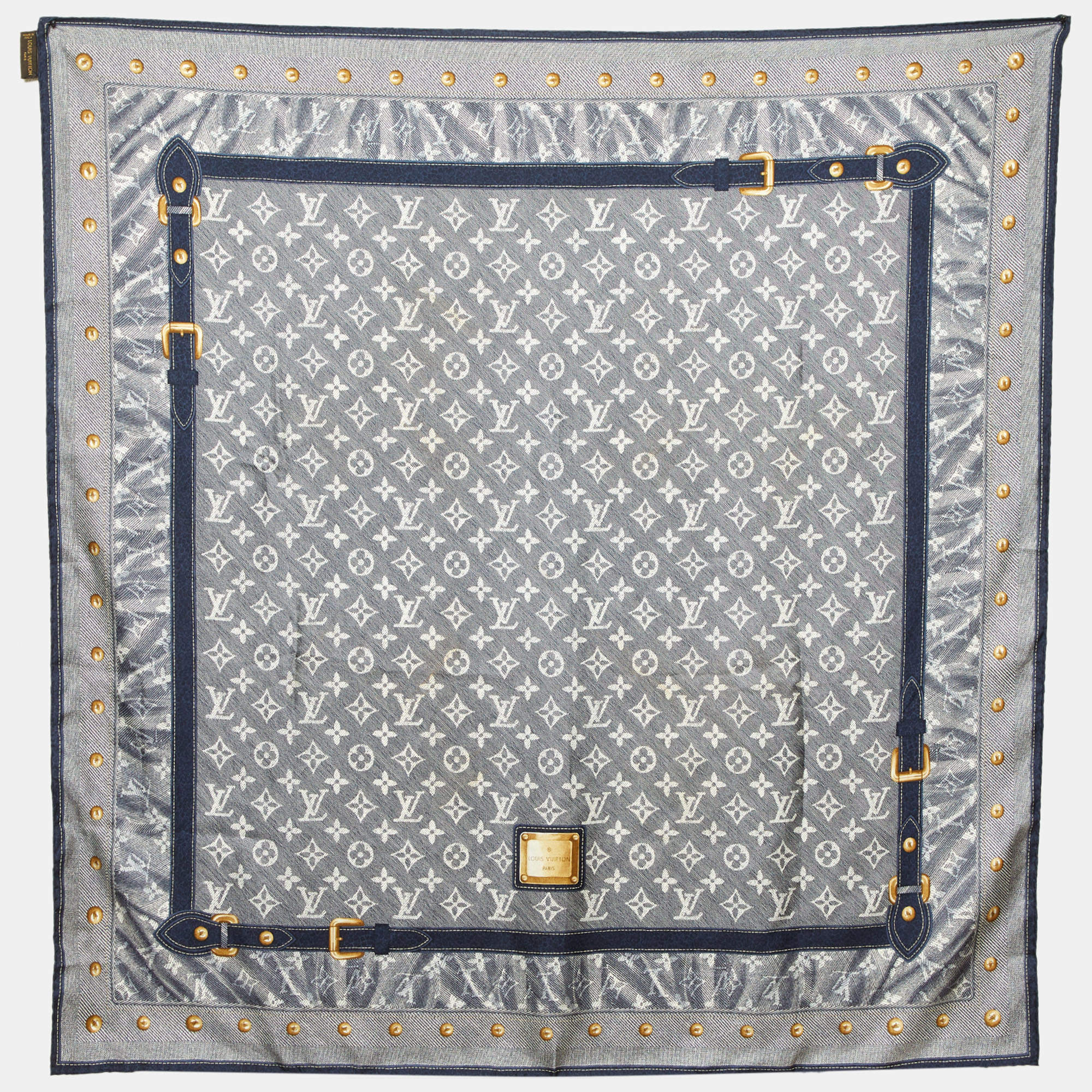 Pre Owned Louis Vuitton Blue Iventeur Monogram Print Silk Square Scarf