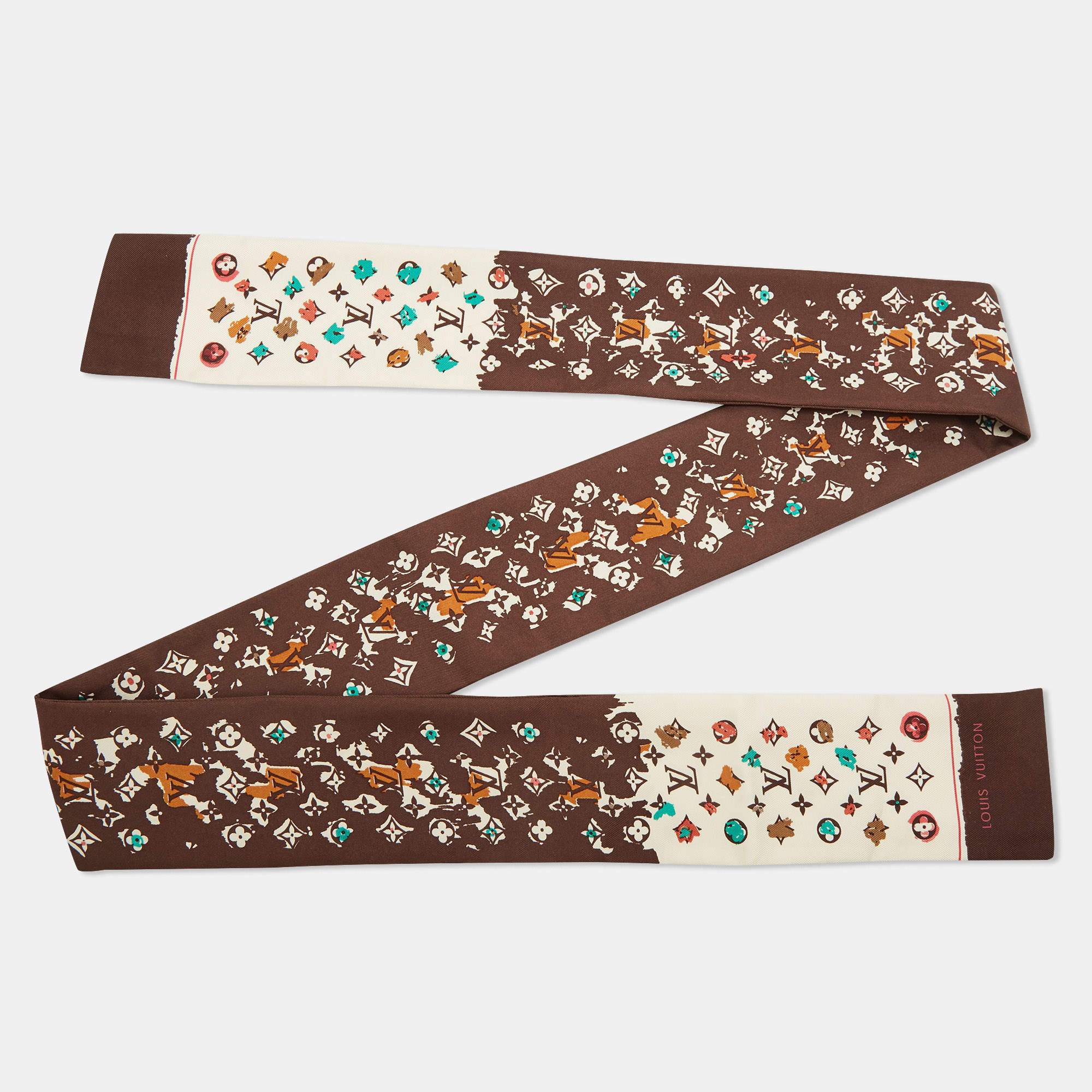 Pre Owned Louis Vuitton Brown Splash Monogram Print Silk Bandeau Scarf 