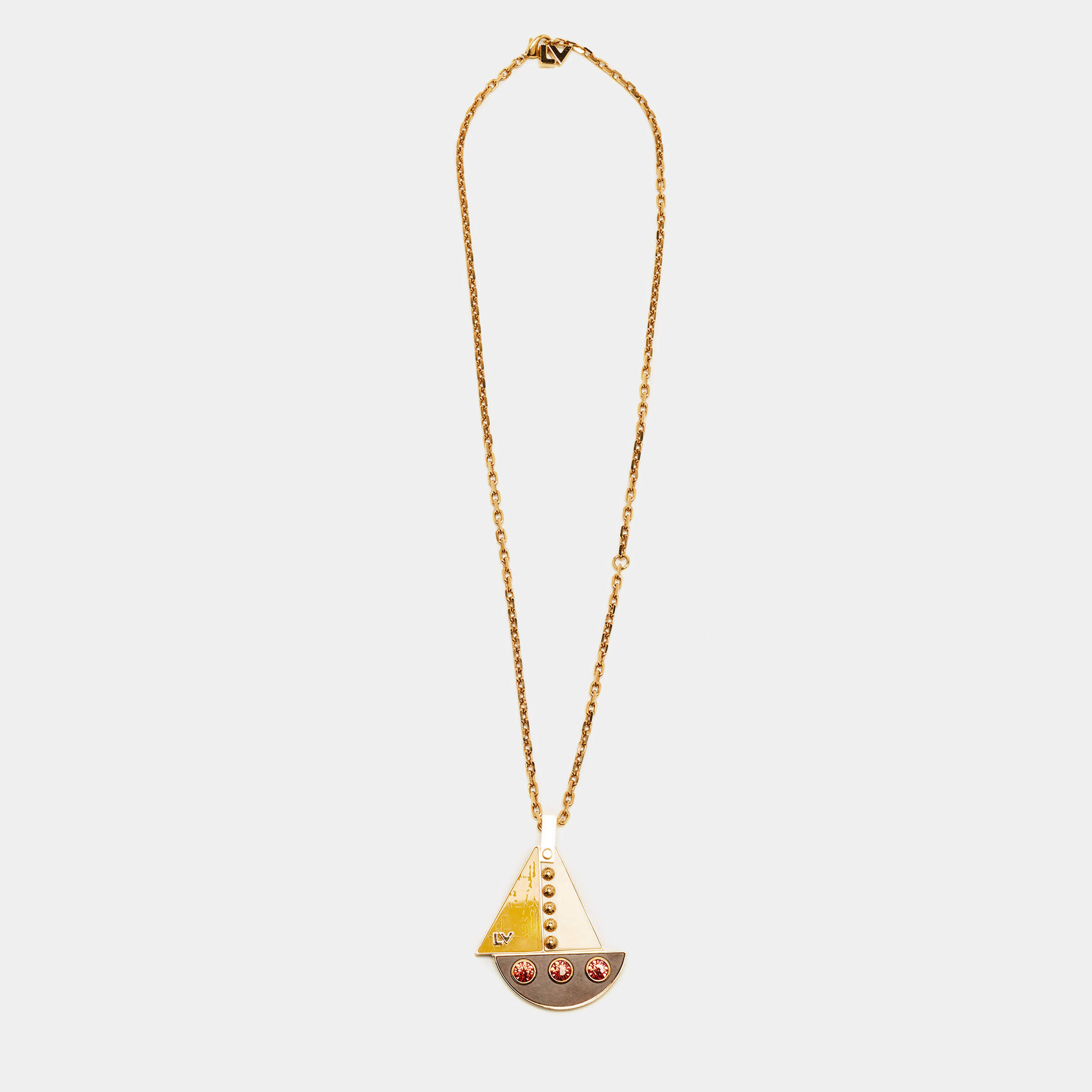Pre Owned Louis Vuitton Float the Boat Crystal Resin Wood Gold Tone Pendant Necklace