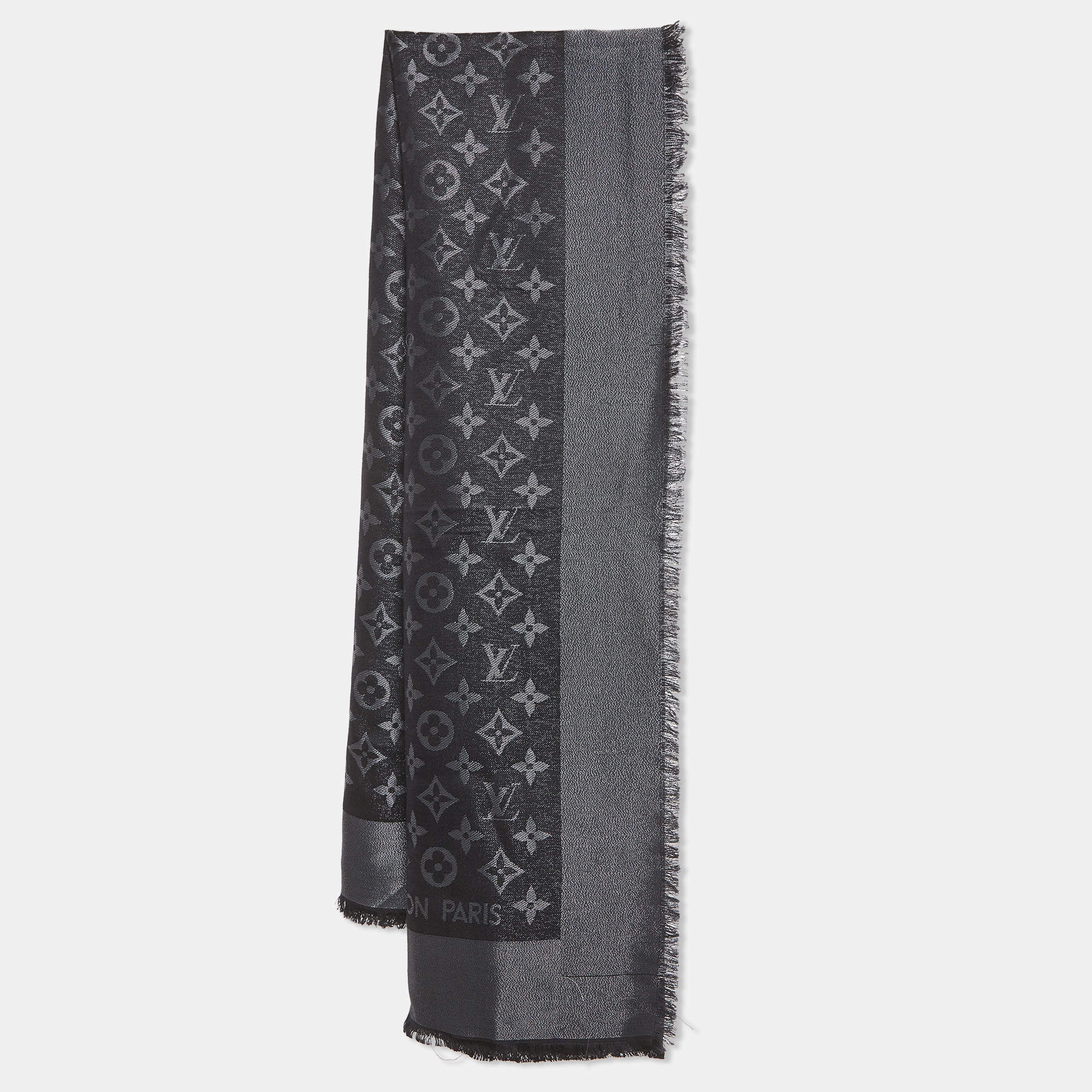 Pre Owned Louis Vuitton Metallic Black/Grey Monogram Jacquard Fringed Shawl 