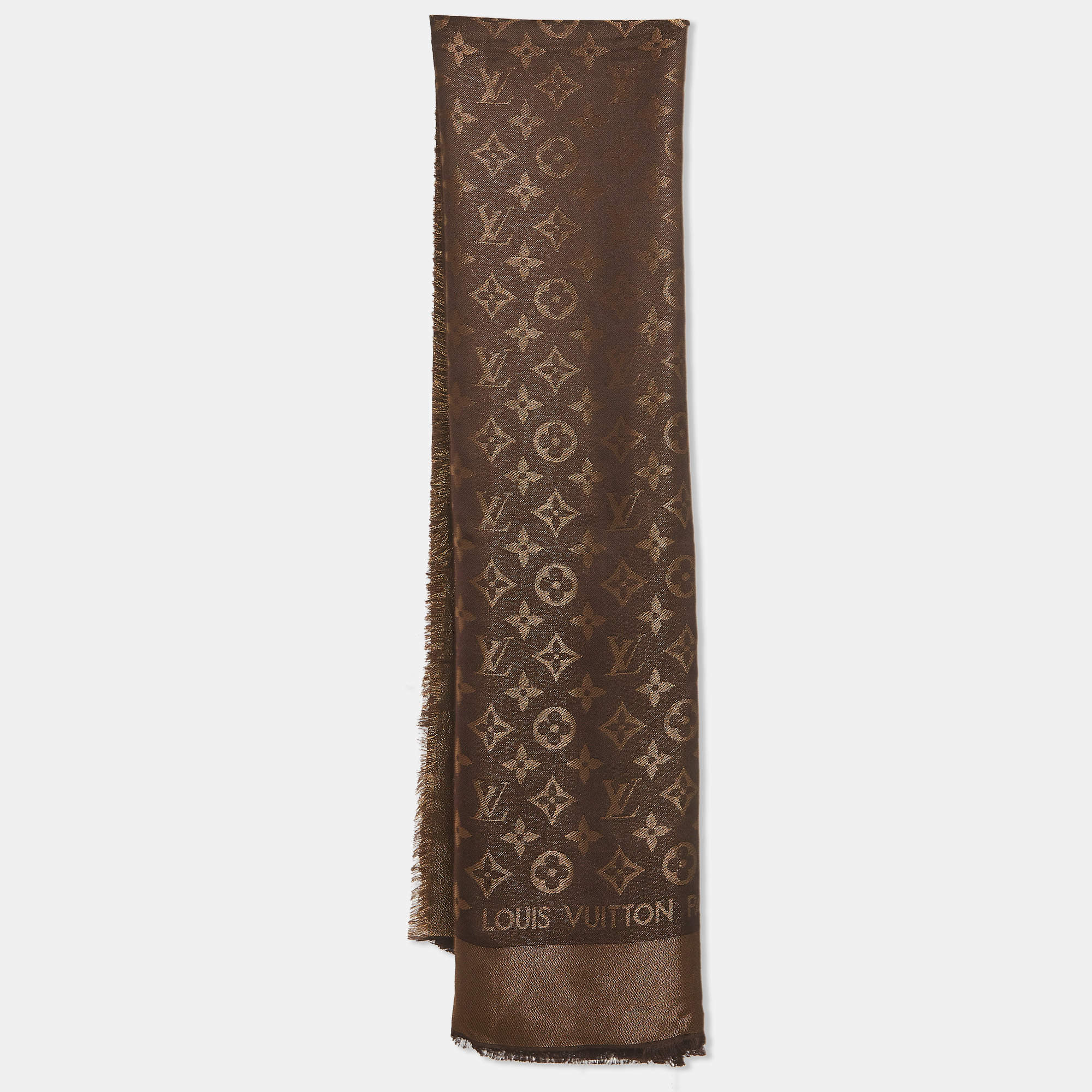 Pre Owned Louis Vuitton Brown Silk Blend Monogram Shine Scarf