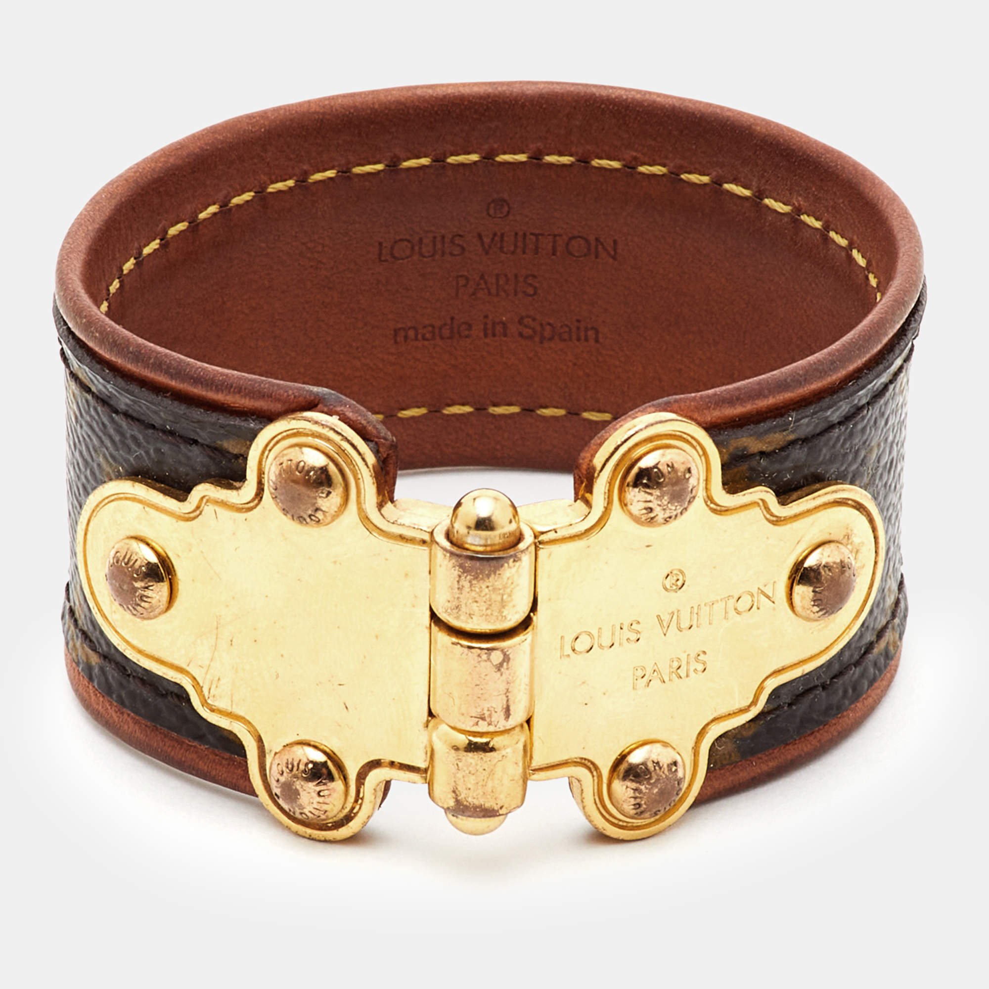 Pre Owned Louis Vuitton Save It Monogram Canvas Gold Tone Wide Cuff Bracelet
